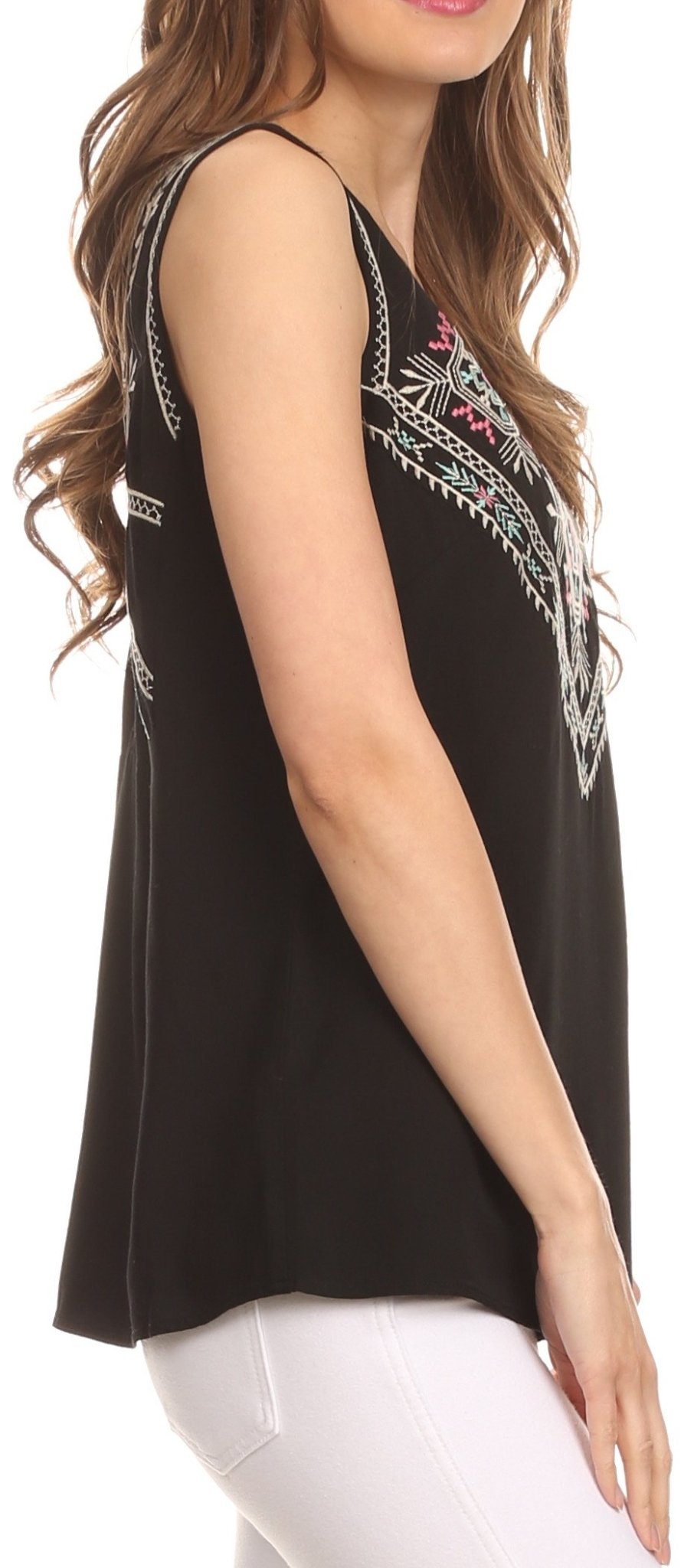 Sakkas Elita Sleeveless Tank Top Batik Aztec Embroidered Shirt Blouse TOPS La Vie Bien Sakkas Elita Sleeveless Tank Top Batik Aztec Embroidered Shirt Blouse