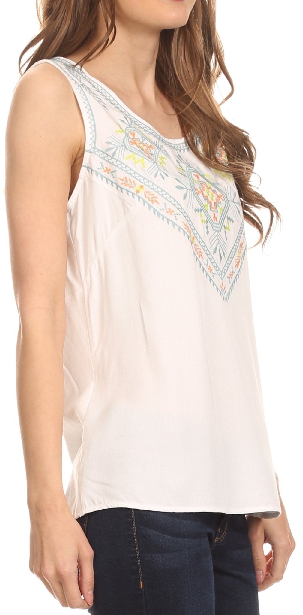 Sakkas Elita Sleeveless Tank Top Batik Aztec Embroidered Shirt Blouse TOPS La Vie Bien Sakkas Elita Sleeveless Tank Top Batik Aztec Embroidered Shirt Blouse