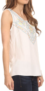 Sakkas Elita Sleeveless Tank Top Batik Aztec Embroidered Shirt Blouse TOPS La Vie Bien Sakkas Elita Sleeveless Tank Top Batik Aztec Embroidered Shirt Blouse