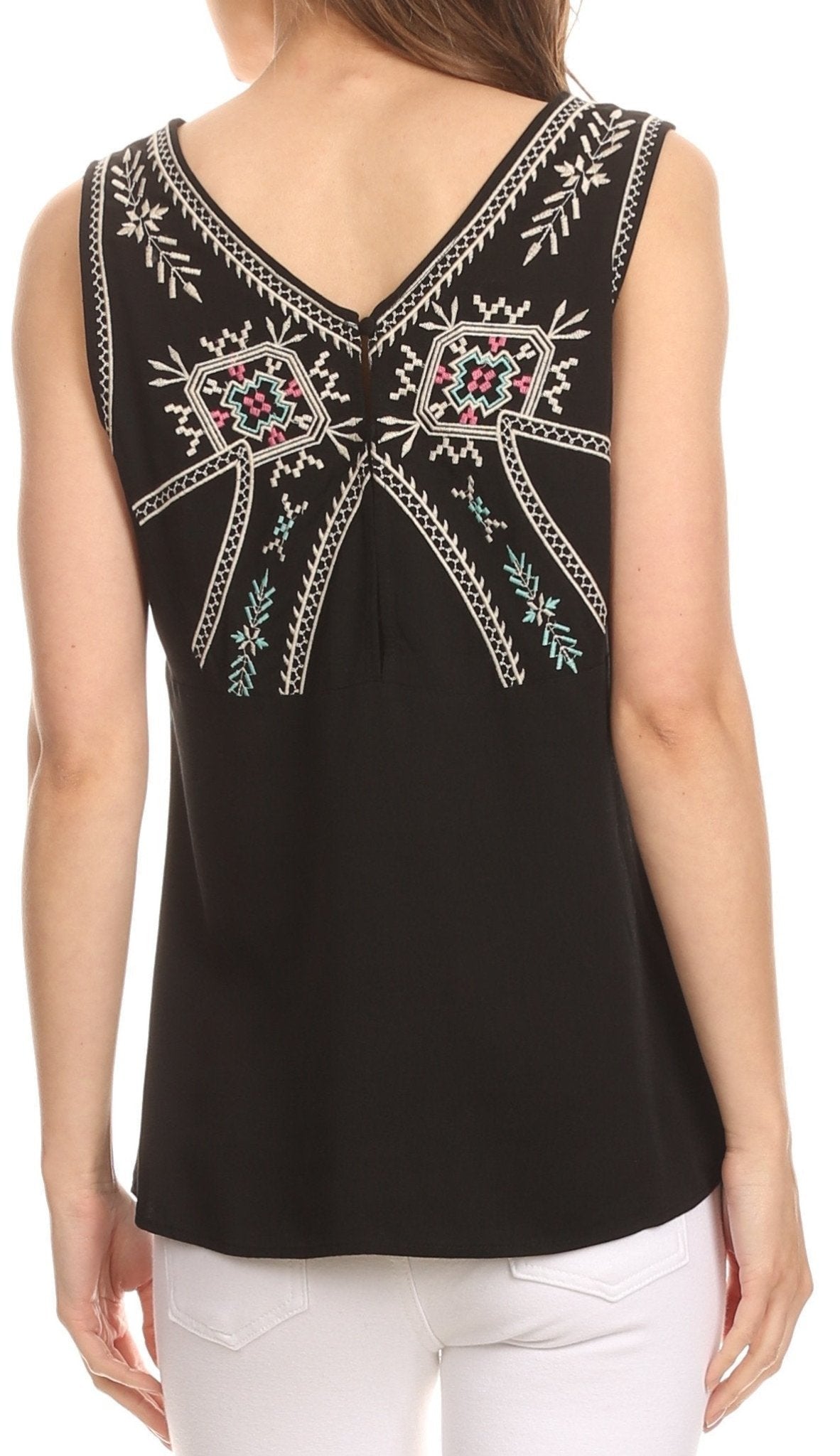 Sakkas Elita Sleeveless Tank Top Batik Aztec Embroidered Shirt Blouse TOPS La Vie Bien Sakkas Elita Sleeveless Tank Top Batik Aztec Embroidered Shirt Blouse