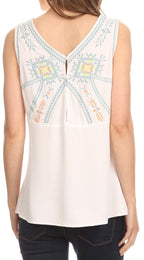 Sakkas Elita Sleeveless Tank Top Batik Aztec Embroidered Shirt Blouse TOPS La Vie Bien Sakkas Elita Sleeveless Tank Top Batik Aztec Embroidered Shirt Blouse