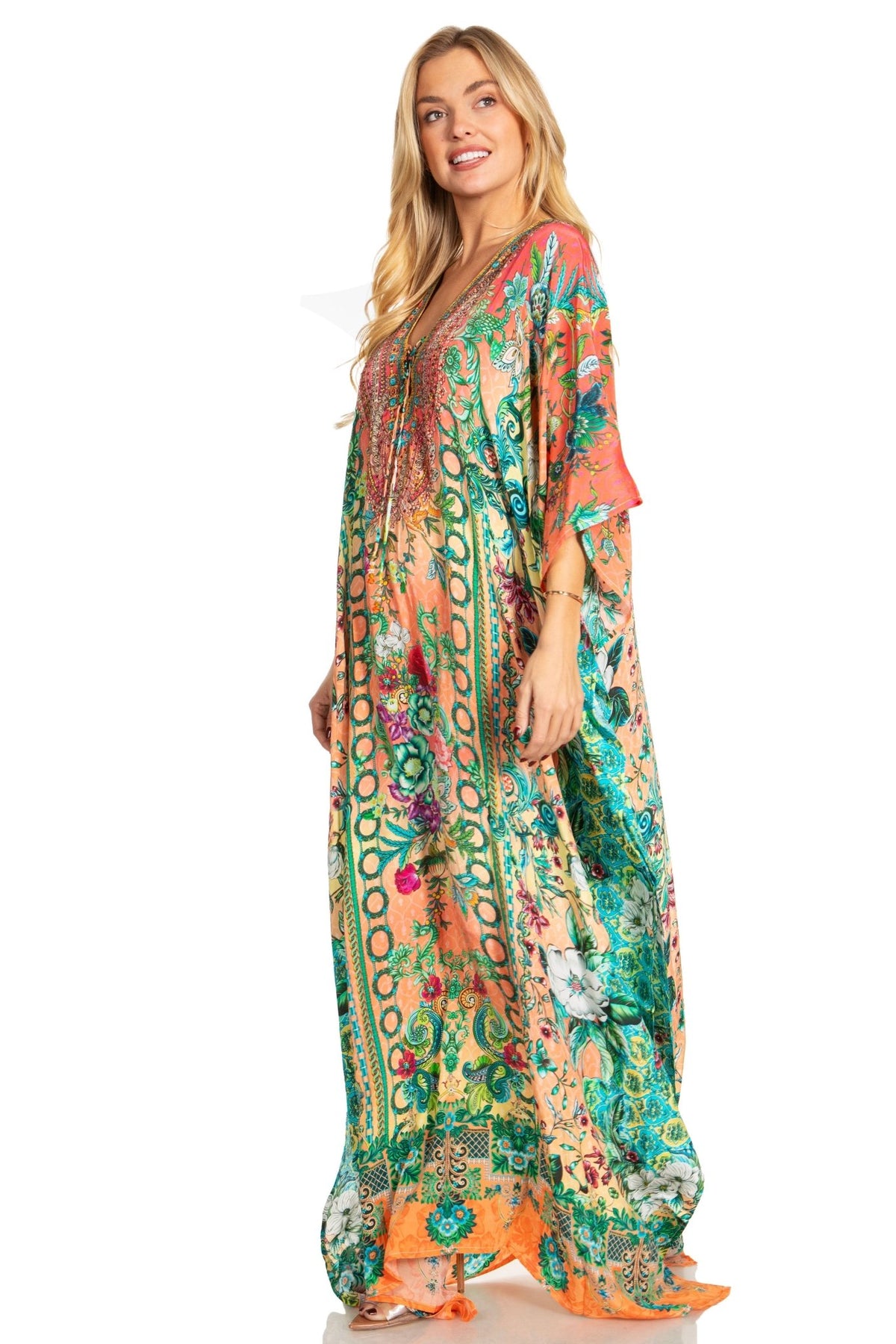 Sakkas Georgettina 2025 Flowy Rhinestone V Neck Long Caftan Dress / Cover Up dresses La Vie Bien Sakkas Georgettina 2025 Flowy Rhinestone V Neck Long Caftan Dress / Cover Up