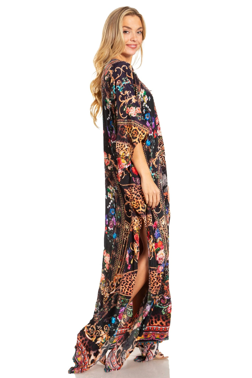 Sakkas Georgettina 2025 Flowy Rhinestone V Neck Long Caftan Dress / Cover Up dresses La Vie Bien Sakkas Georgettina 2025 Flowy Rhinestone V Neck Long Caftan Dress / Cover Up