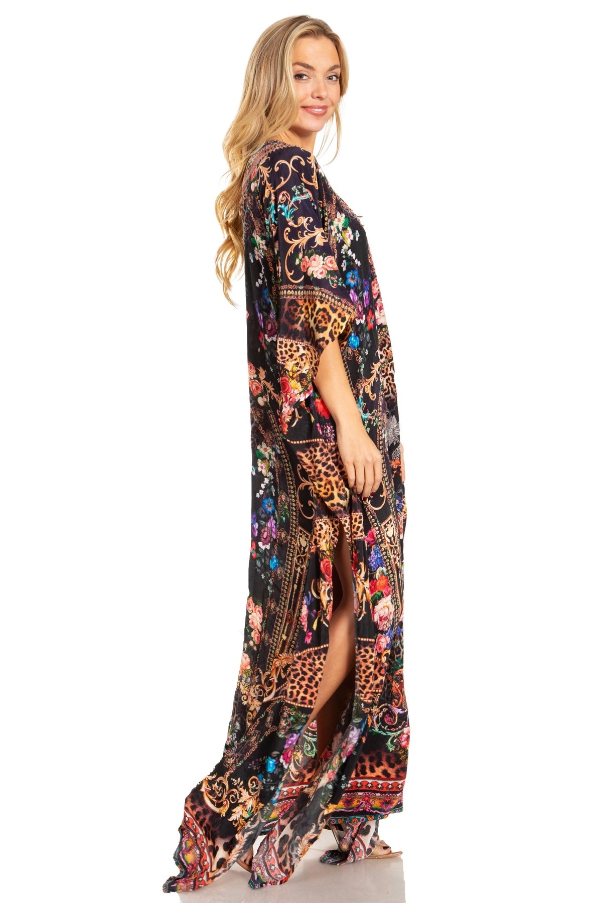 Sakkas Georgettina 2025 Flowy Rhinestone V Neck Long Caftan Dress / Cover Up dresses La Vie Bien Sakkas Georgettina 2025 Flowy Rhinestone V Neck Long Caftan Dress / Cover Up