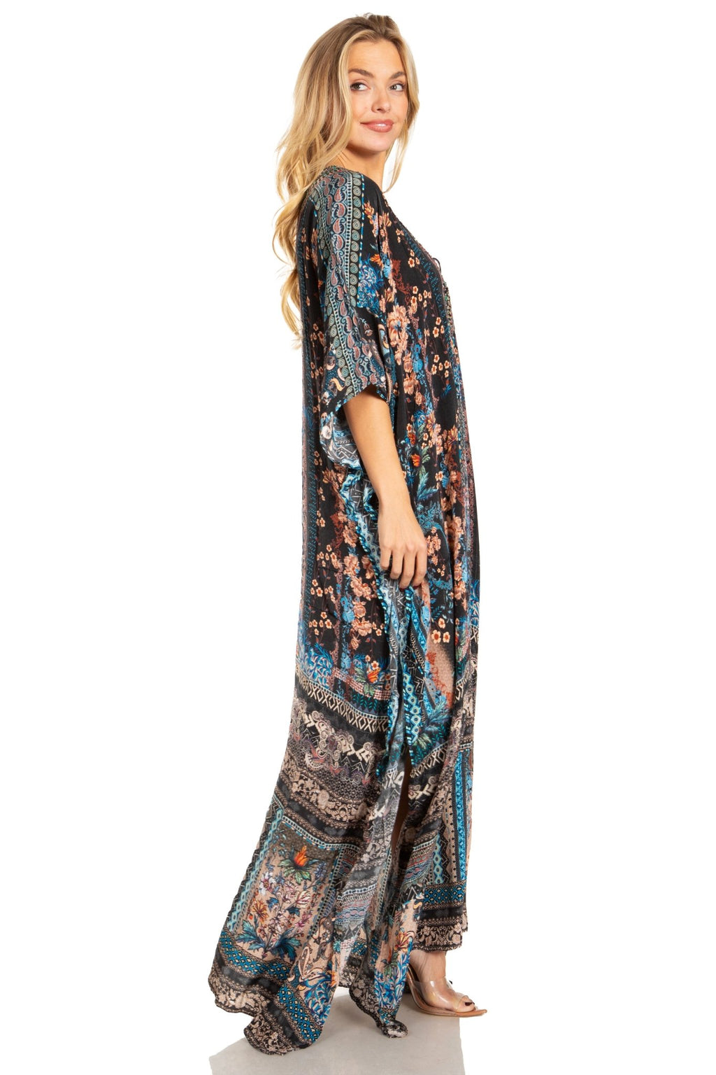 Sakkas Georgettina 2025 Flowy Rhinestone V Neck Long Caftan Dress / Cover Up dresses La Vie Bien Sakkas Georgettina 2025 Flowy Rhinestone V Neck Long Caftan Dress / Cover Up
