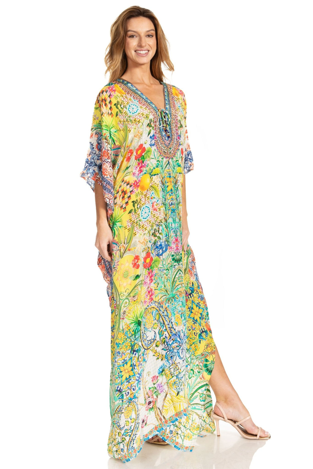 Sakkas Georgettina 2025 Flowy Rhinestone V Neck Long Caftan Dress / Cover Up dresses La Vie Bien Sakkas Georgettina 2025 Flowy Rhinestone V Neck Long Caftan Dress / Cover Up