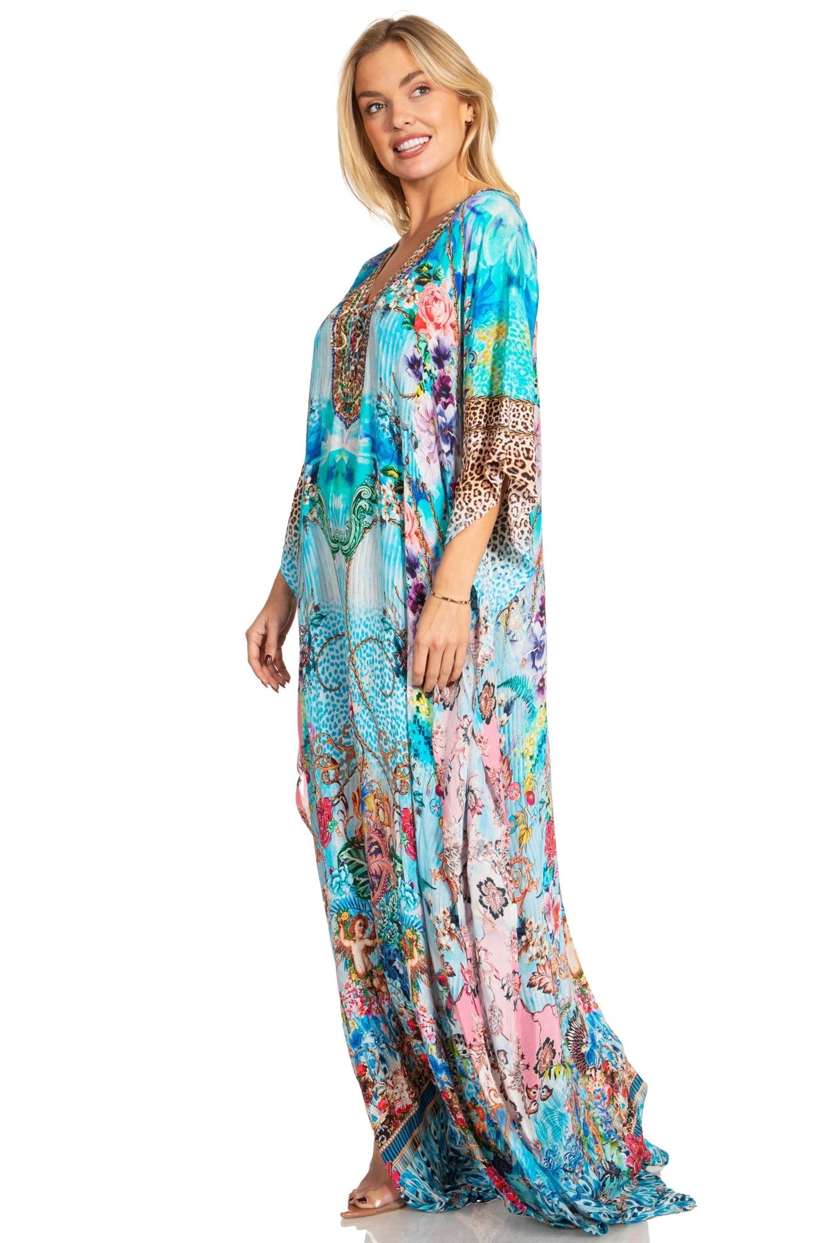 Sakkas Georgettina 2025 Flowy Rhinestone V Neck Long Caftan Dress / Cover Up dresses La Vie Bien Sakkas Georgettina 2025 Flowy Rhinestone V Neck Long Caftan Dress / Cover Up