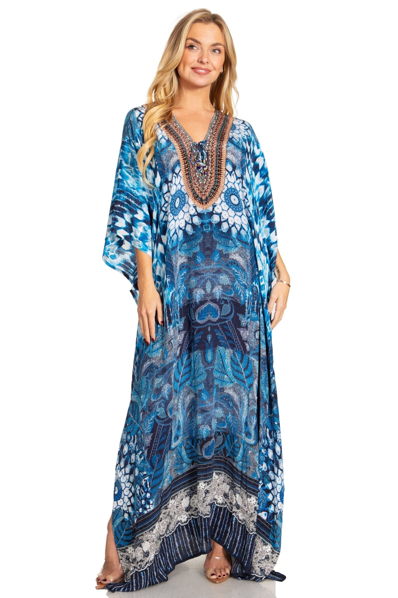 Sakkas Georgettina 2025 Flowy Rhinestone V Neck Long Caftan Dress / Cover Up dresses La Vie Bien Sakkas Georgettina 2025 Flowy Rhinestone V Neck Long Caftan Dress / Cover Up