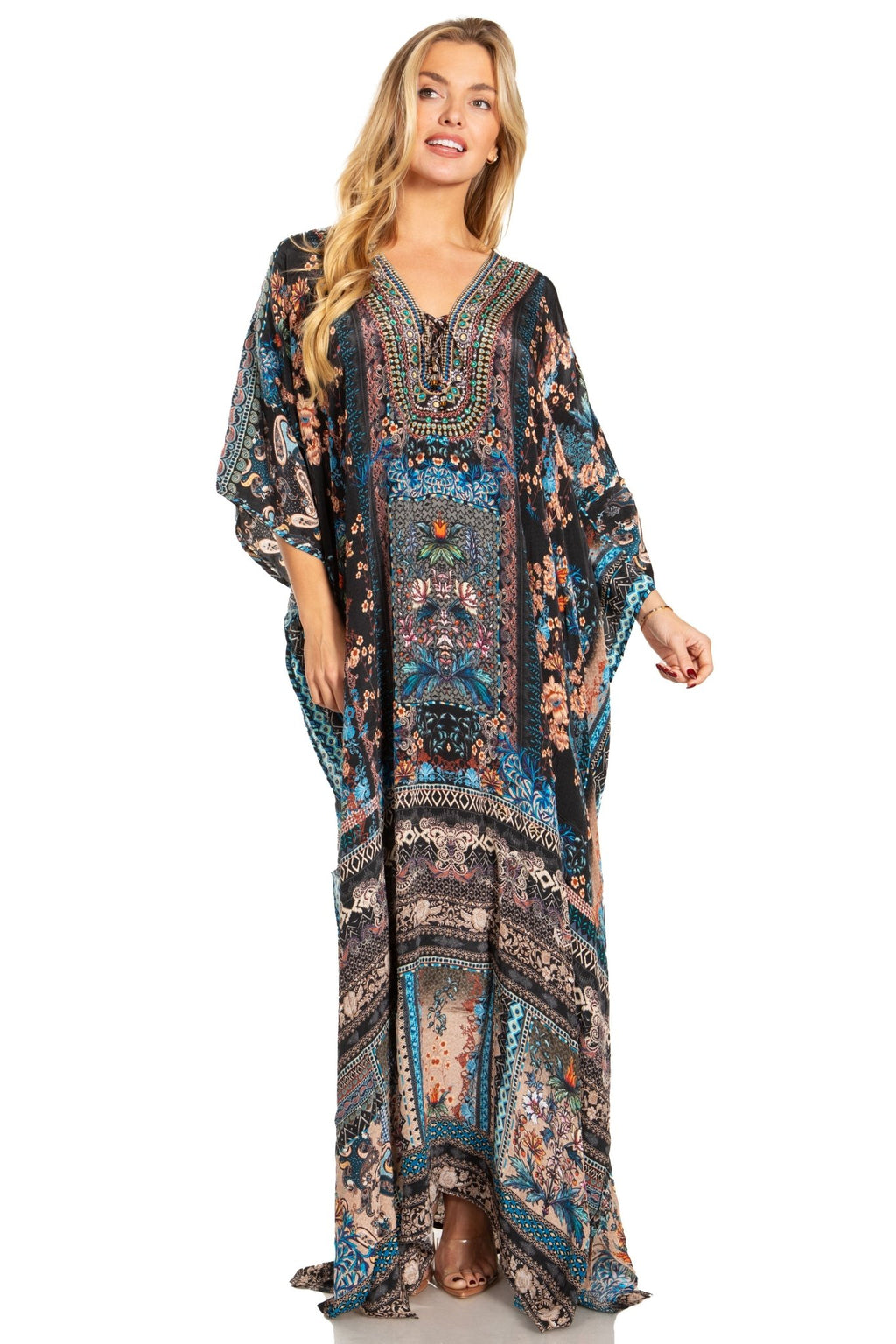 Sakkas Georgettina 2025 Flowy Rhinestone V Neck Long Caftan Dress / Cover Up dresses La Vie Bien Sakkas Georgettina 2025 Flowy Rhinestone V Neck Long Caftan Dress / Cover Up