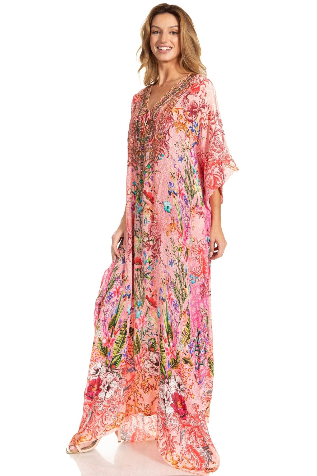Sakkas Georgettina 2025 Flowy Rhinestone V Neck Long Caftan Dress / Cover Up dresses La Vie Bien Sakkas Georgettina 2025 Flowy Rhinestone V Neck Long Caftan Dress / Cover Up