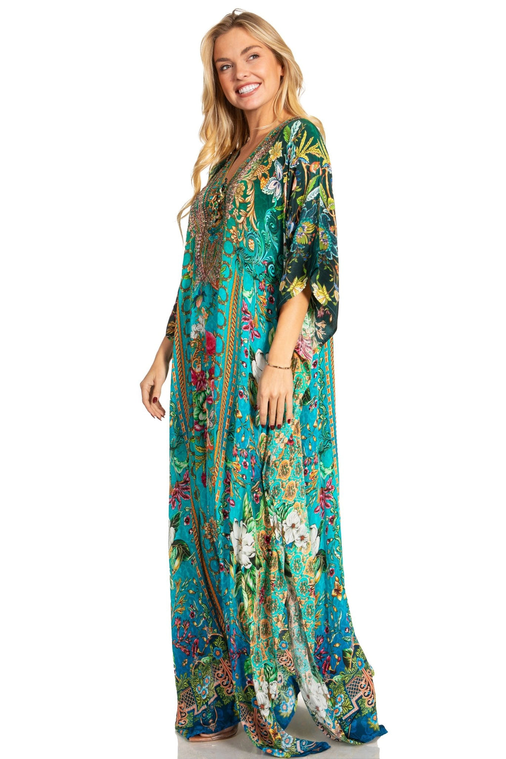 Sakkas Georgettina 2025 Flowy Rhinestone V Neck Long Caftan Dress / Cover Up dresses La Vie Bien Sakkas Georgettina 2025 Flowy Rhinestone V Neck Long Caftan Dress / Cover Up