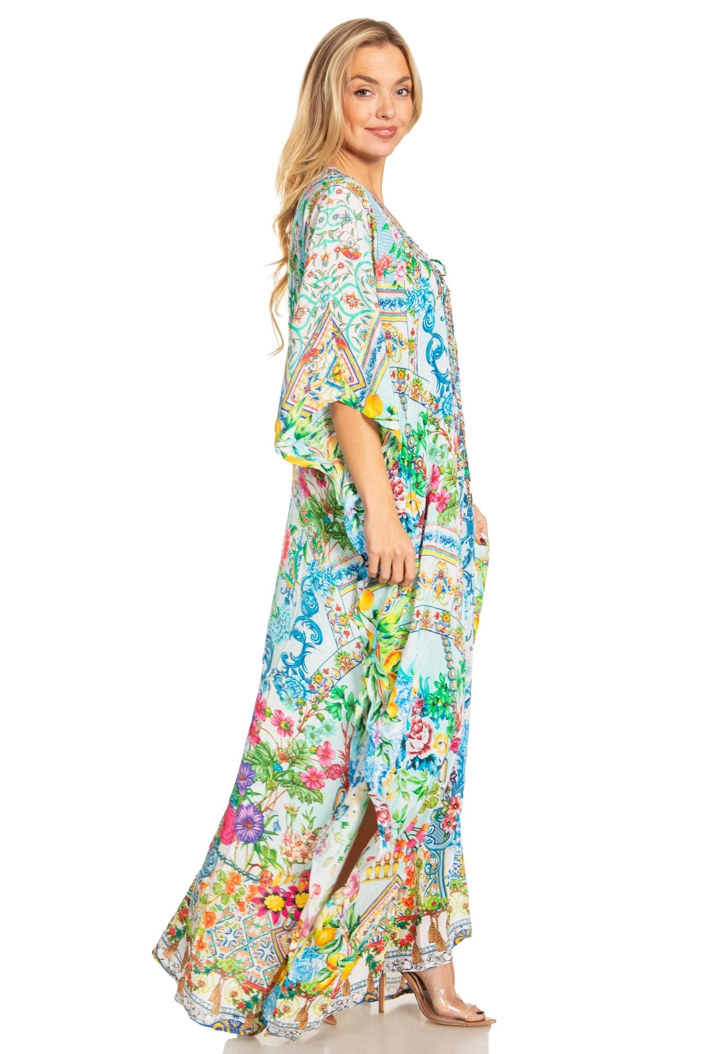 Sakkas Georgettina 2025 Flowy Rhinestone V Neck Long Caftan Dress / Cover Up dresses La Vie Bien Sakkas Georgettina 2025 Flowy Rhinestone V Neck Long Caftan Dress / Cover Up