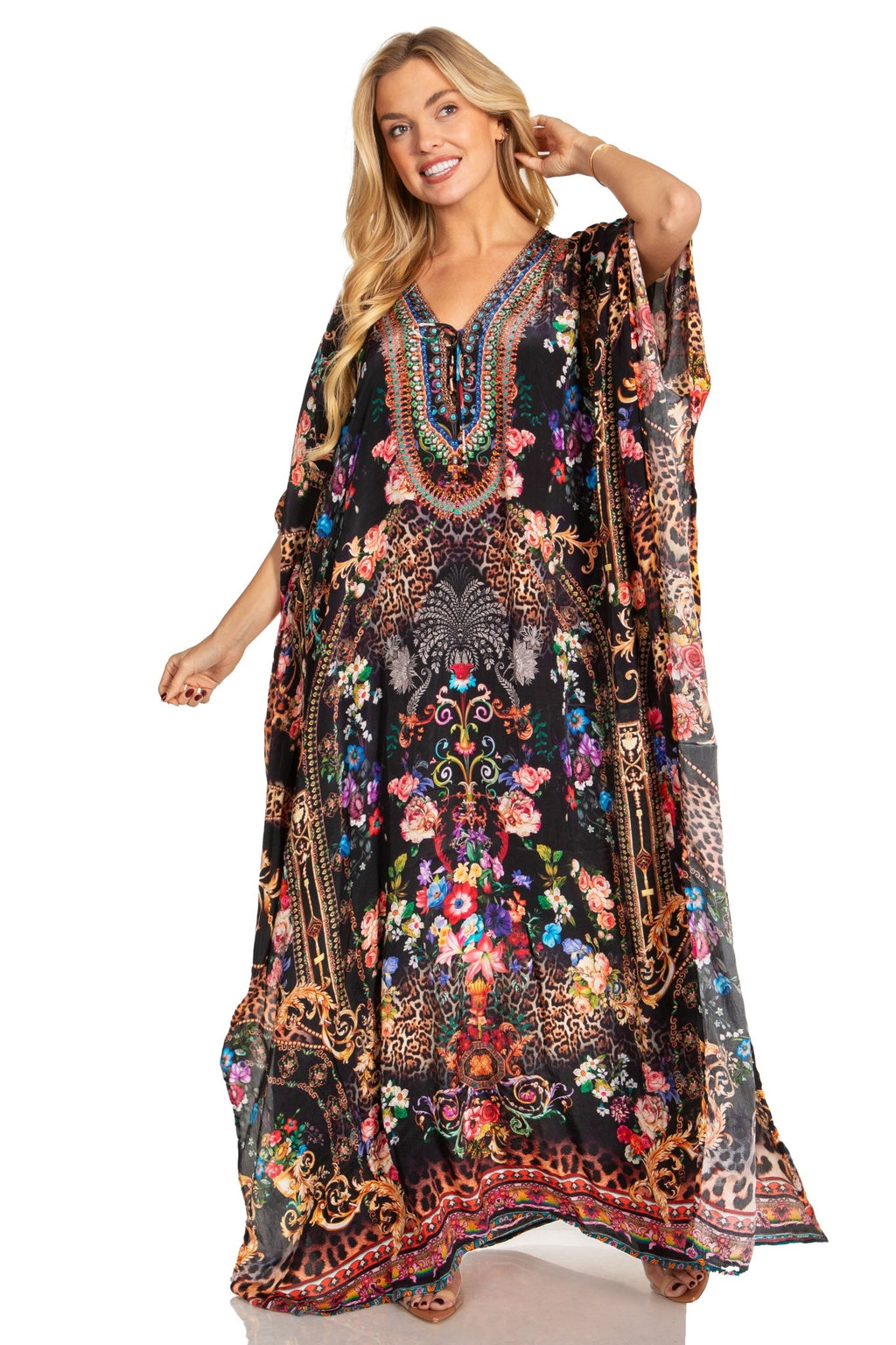 Sakkas Georgettina 2025 Flowy Rhinestone V Neck Long Caftan Dress / Cover Up dresses La Vie Bien Sakkas Georgettina 2025 Flowy Rhinestone V Neck Long Caftan Dress / Cover Up