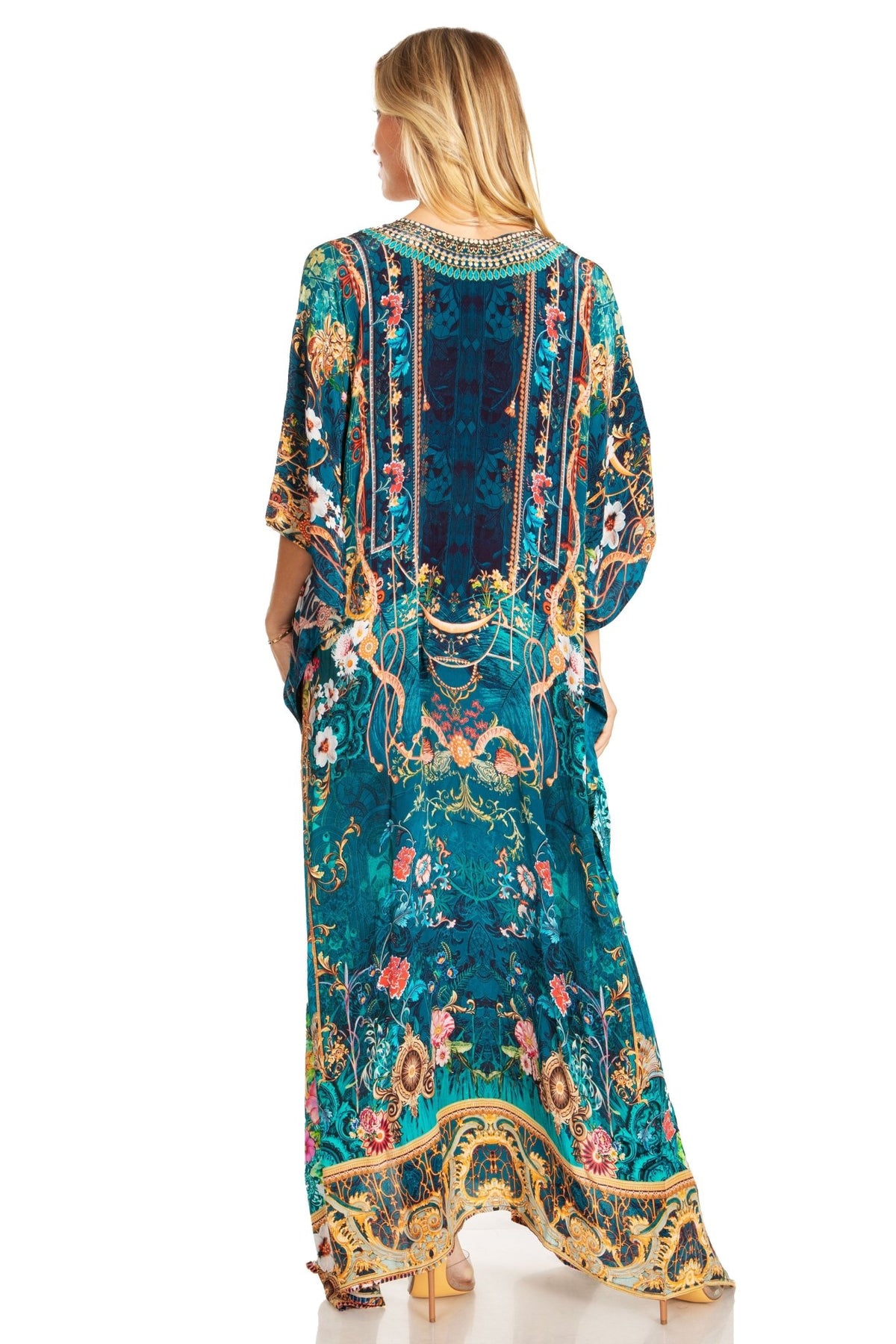 Sakkas Georgettina 2025 Flowy Rhinestone V Neck Long Caftan Dress / Cover Up dresses La Vie Bien Sakkas Georgettina 2025 Flowy Rhinestone V Neck Long Caftan Dress / Cover Up