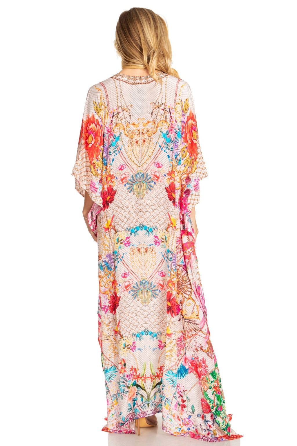 Sakkas Georgettina 2025 Flowy Rhinestone V Neck Long Caftan Dress / Cover Up dresses La Vie Bien Sakkas Georgettina 2025 Flowy Rhinestone V Neck Long Caftan Dress / Cover Up