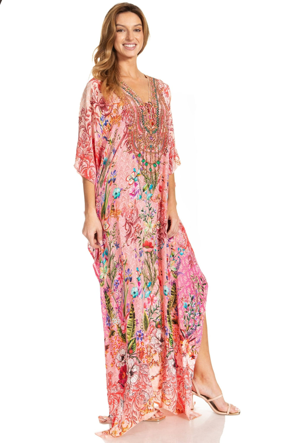 Sakkas Georgettina 2025 Flowy Rhinestone V Neck Long Caftan Dress / Cover Up dresses La Vie Bien Sakkas Georgettina 2025 Flowy Rhinestone V Neck Long Caftan Dress / Cover Up