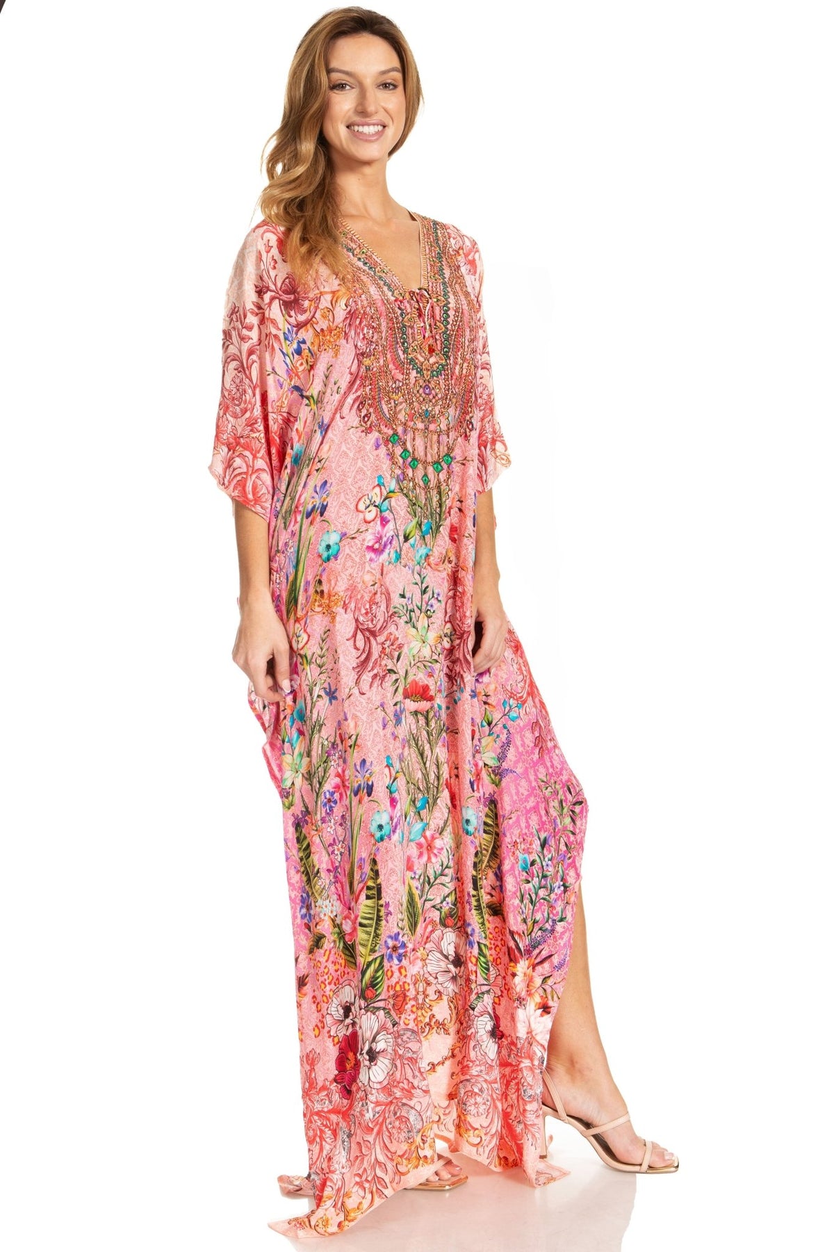 Sakkas Georgettina 2025 Flowy Rhinestone V Neck Long Caftan Dress / Cover Up dresses La Vie Bien Sakkas Georgettina 2025 Flowy Rhinestone V Neck Long Caftan Dress / Cover Up