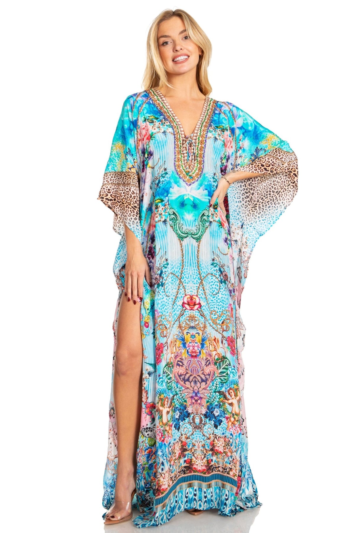 Sakkas Georgettina 2025 Flowy Rhinestone V Neck Long Caftan Dress / Cover Up dresses La Vie Bien Sakkas Georgettina 2025 Flowy Rhinestone V Neck Long Caftan Dress / Cover Up