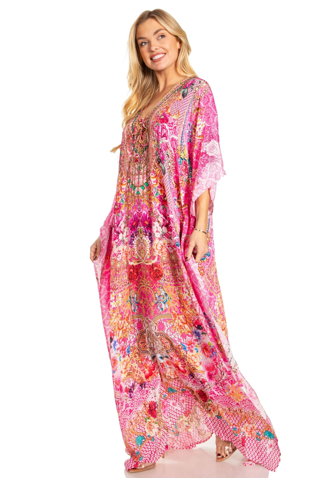 Sakkas Georgettina 2025 Flowy Rhinestone V Neck Long Caftan Dress / Cover Up dresses La Vie Bien Sakkas Georgettina 2025 Flowy Rhinestone V Neck Long Caftan Dress / Cover Up