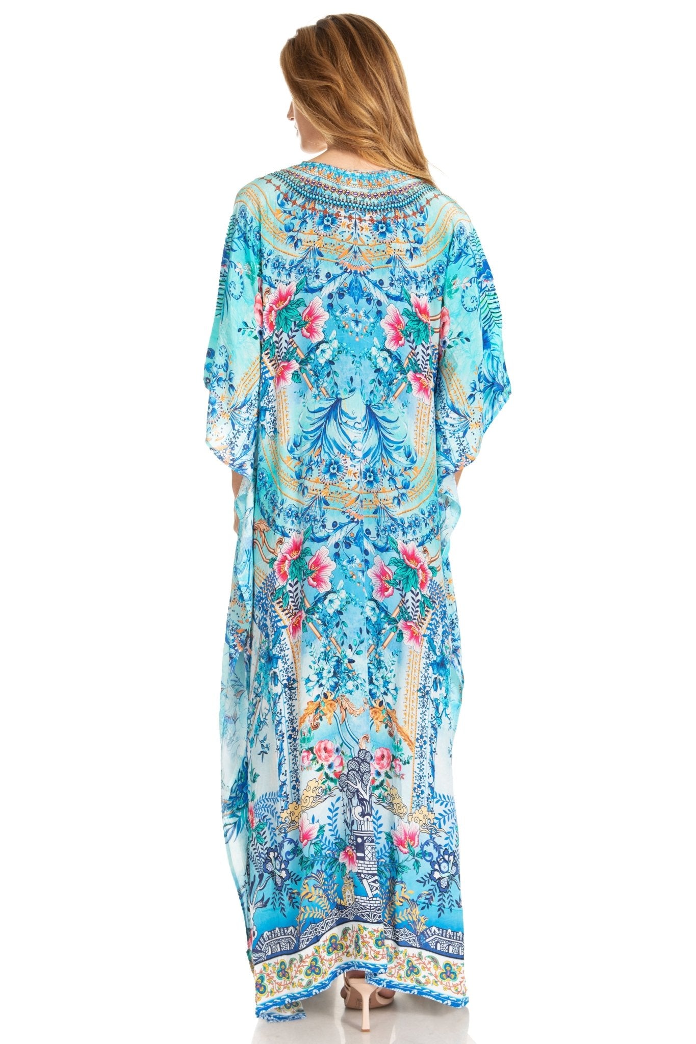 Sakkas Georgettina 2025 Flowy Rhinestone V Neck Long Caftan Dress / Cover Up dresses La Vie Bien Sakkas Georgettina 2025 Flowy Rhinestone V Neck Long Caftan Dress / Cover Up