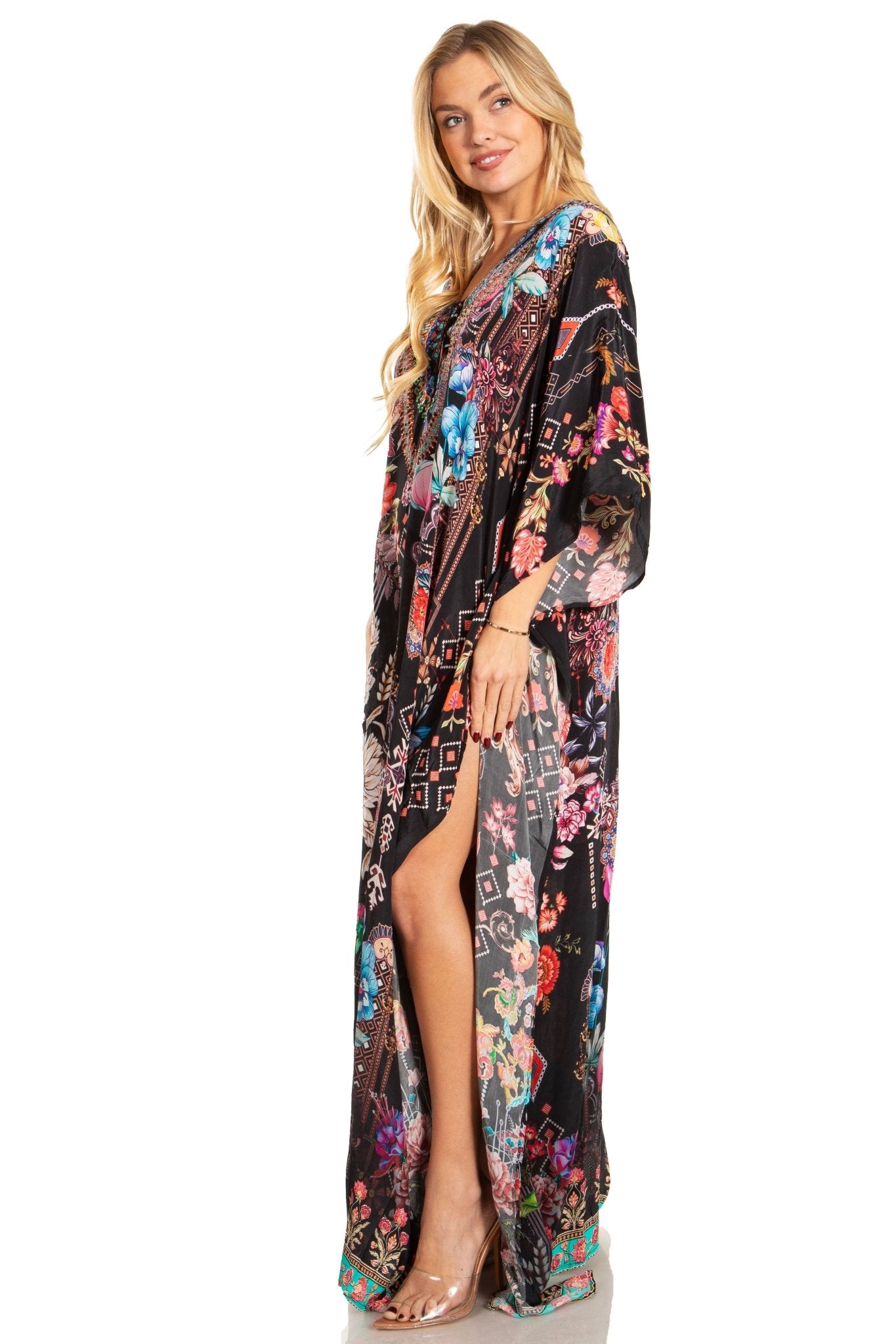 Sakkas Georgettina 2025 Flowy Rhinestone V Neck Long Caftan Dress / Cover Up dresses La Vie Bien Sakkas Georgettina 2025 Flowy Rhinestone V Neck Long Caftan Dress / Cover Up