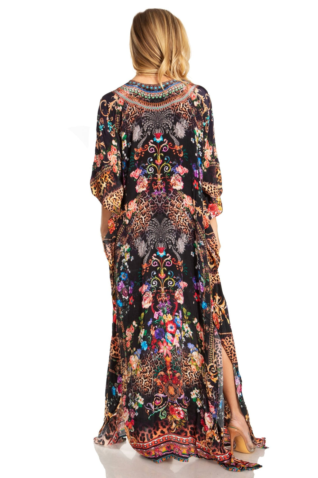 Sakkas Georgettina 2025 Flowy Rhinestone V Neck Long Caftan Dress / Cover Up dresses La Vie Bien Sakkas Georgettina 2025 Flowy Rhinestone V Neck Long Caftan Dress / Cover Up