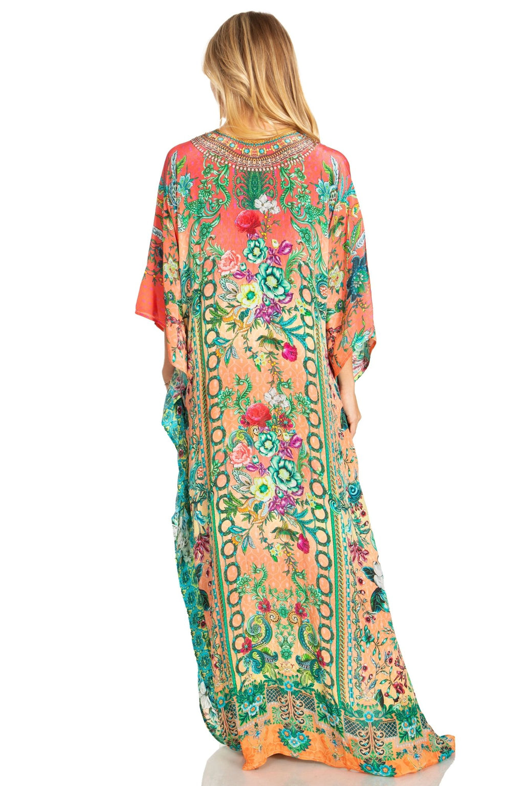 Sakkas Georgettina 2025 Flowy Rhinestone V Neck Long Caftan Dress / Cover Up dresses La Vie Bien Sakkas Georgettina 2025 Flowy Rhinestone V Neck Long Caftan Dress / Cover Up