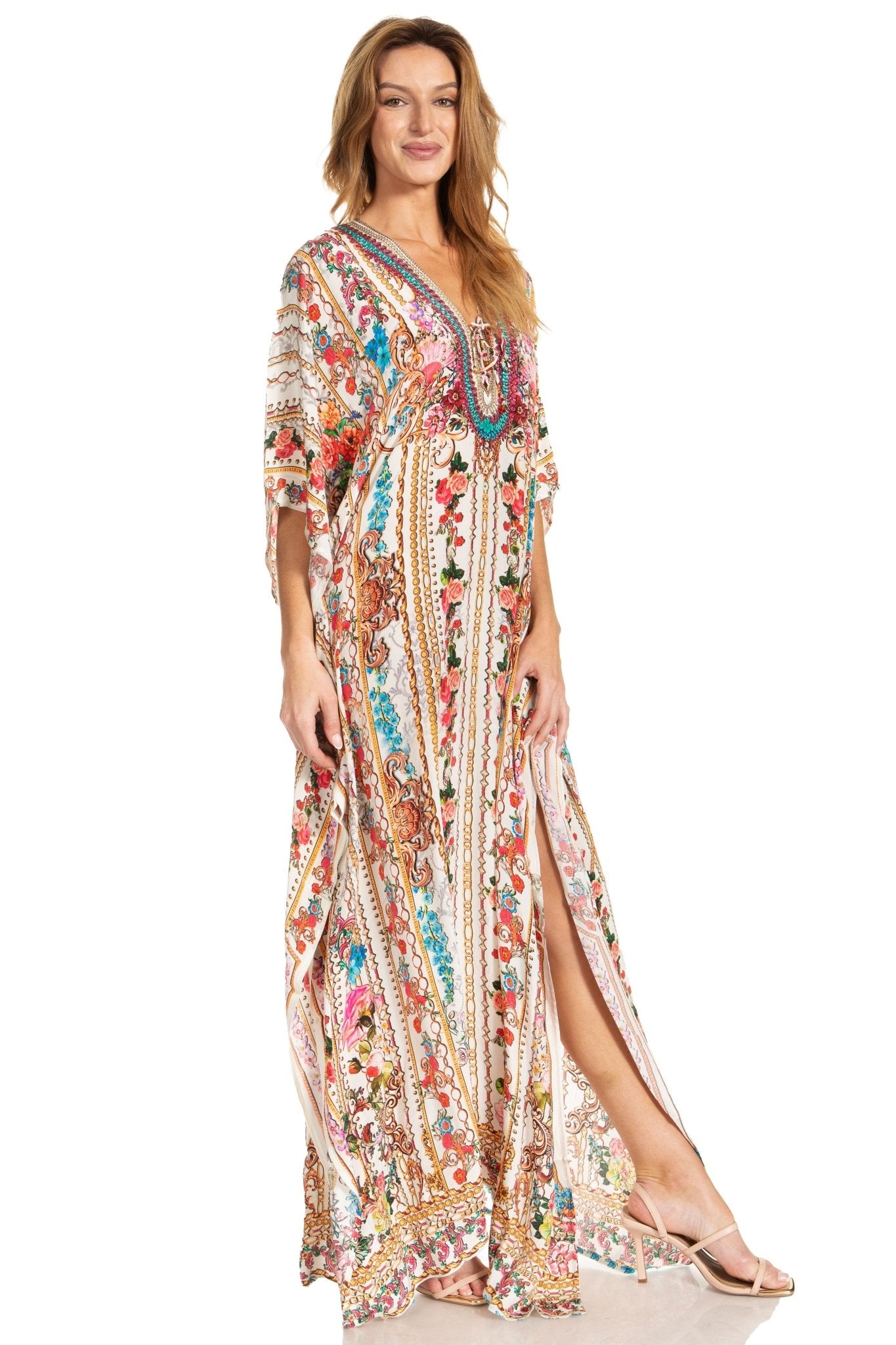 Sakkas Georgettina 2025 Flowy Rhinestone V Neck Long Caftan Dress / Cover Up dresses La Vie Bien Sakkas Georgettina 2025 Flowy Rhinestone V Neck Long Caftan Dress / Cover Up