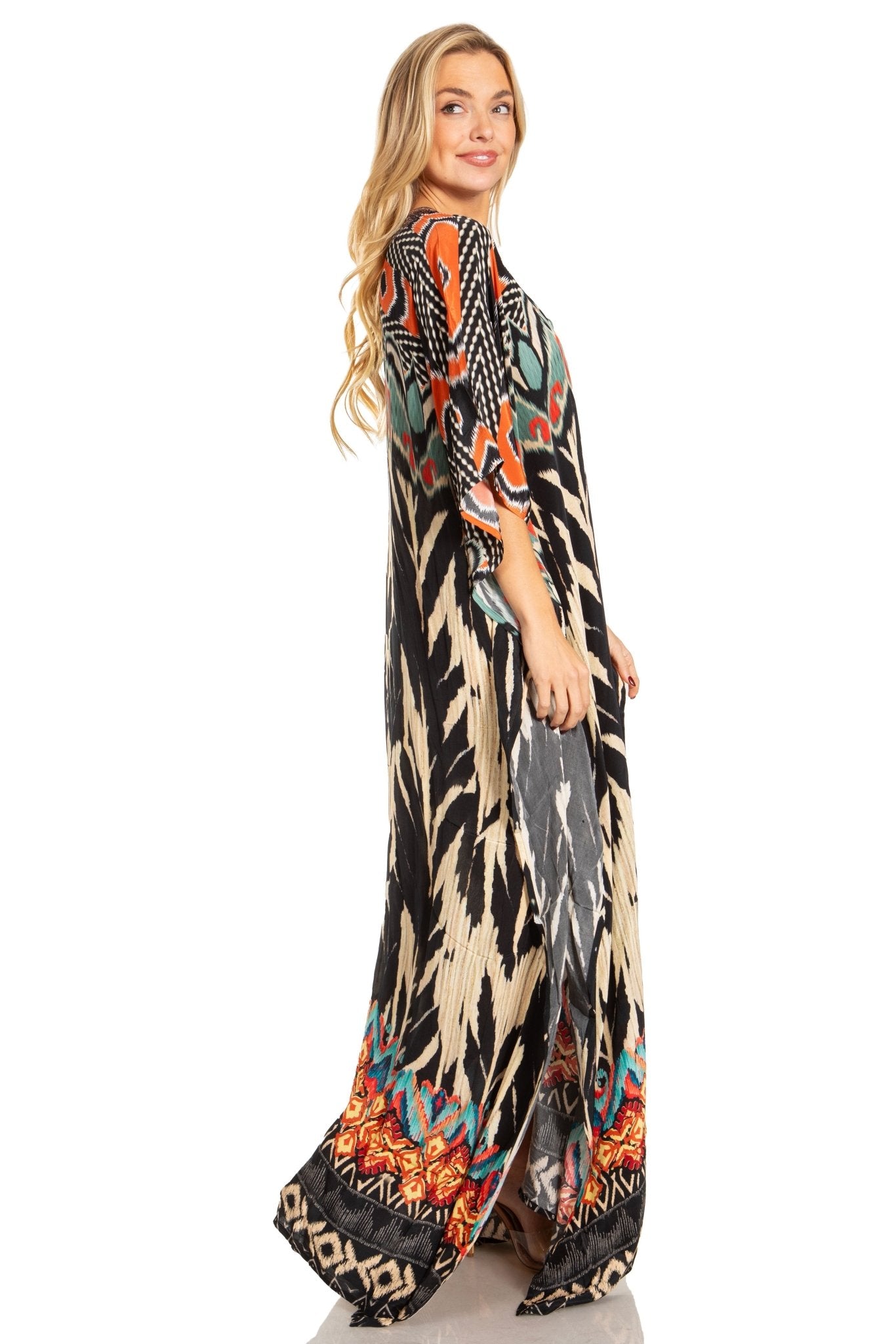 Sakkas Georgettina 2025 Flowy Rhinestone V Neck Long Caftan Dress / Cover Up dresses La Vie Bien Sakkas Georgettina 2025 Flowy Rhinestone V Neck Long Caftan Dress / Cover Up