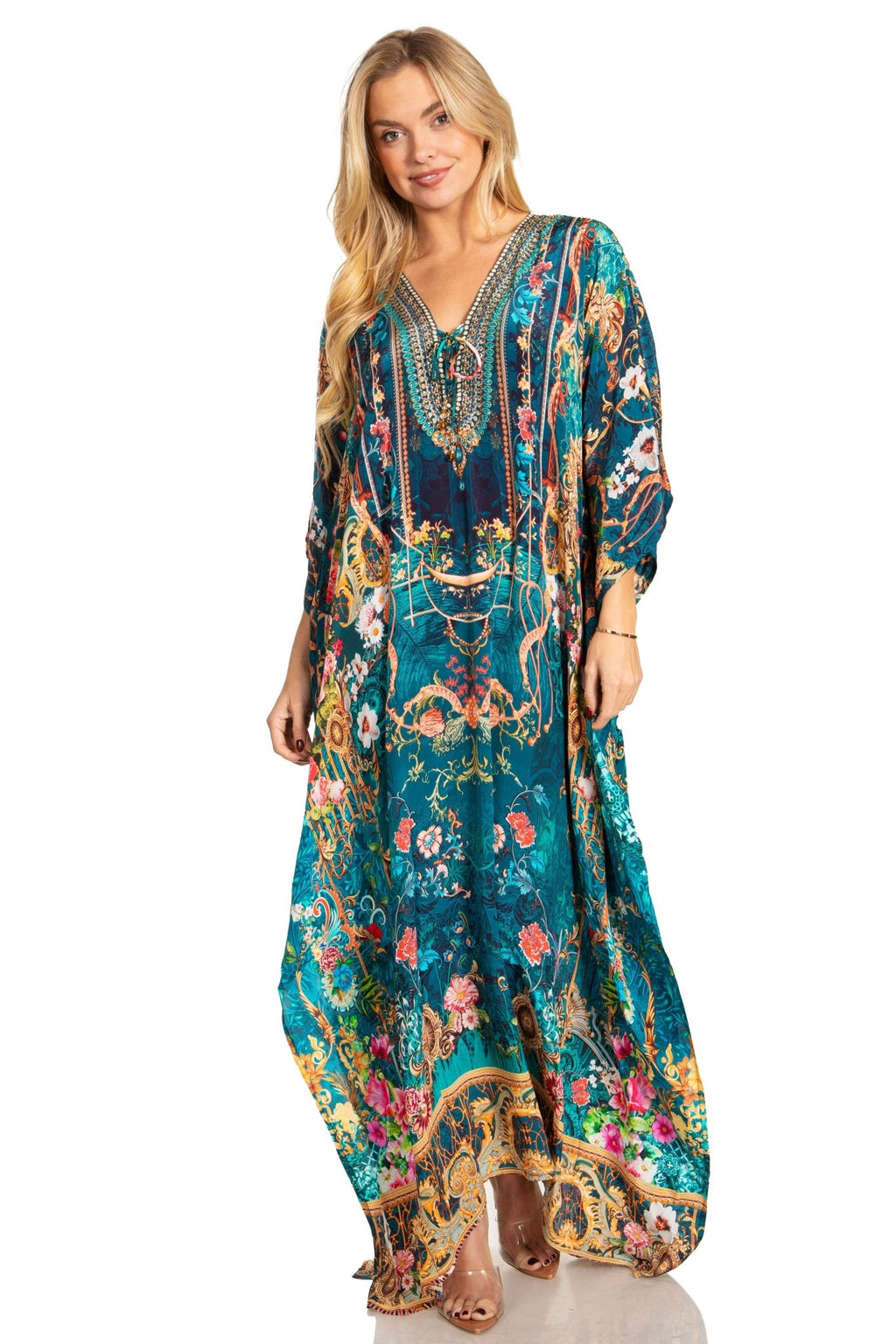 Sakkas Georgettina 2025 Flowy Rhinestone V Neck Long Caftan Dress / Cover Up dresses La Vie Bien Sakkas Georgettina 2025 Flowy Rhinestone V Neck Long Caftan Dress / Cover Up