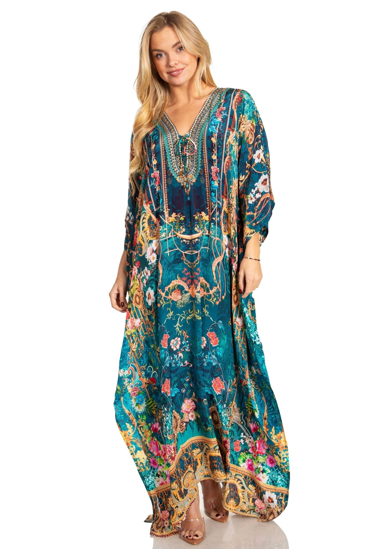 Sakkas Georgettina 2025 Flowy Rhinestone V Neck Long Caftan Dress / Cover Up dresses La Vie Bien Sakkas Georgettina 2025 Flowy Rhinestone V Neck Long Caftan Dress / Cover Up