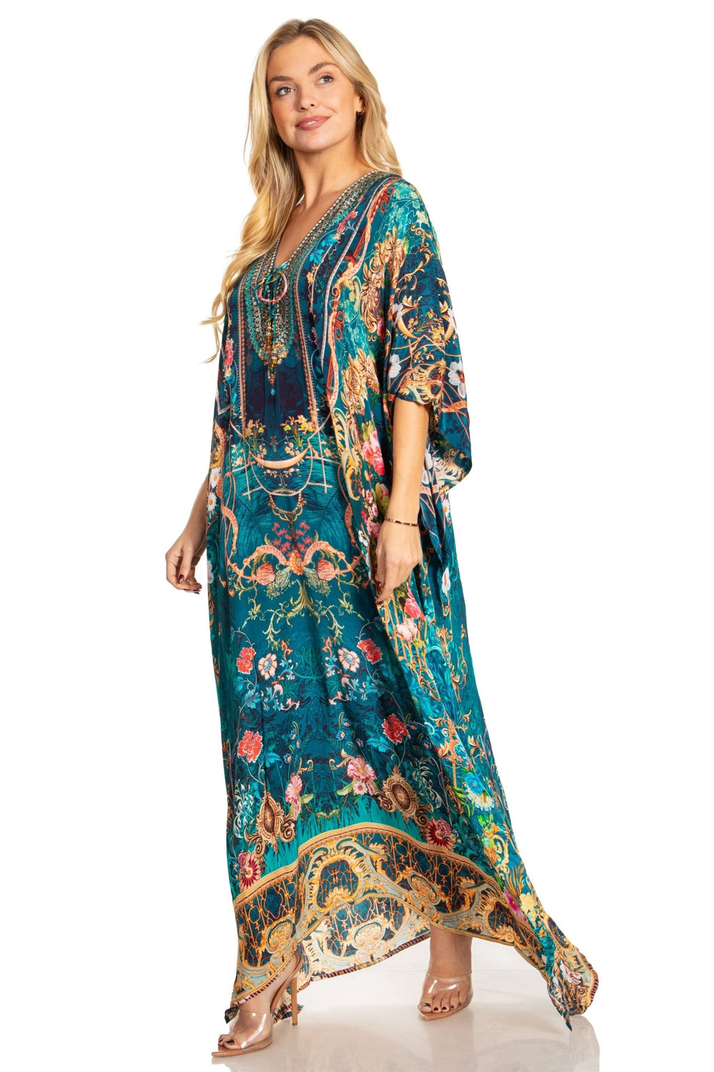 Sakkas Georgettina 2025 Flowy Rhinestone V Neck Long Caftan Dress / Cover Up dresses La Vie Bien Sakkas Georgettina 2025 Flowy Rhinestone V Neck Long Caftan Dress / Cover Up