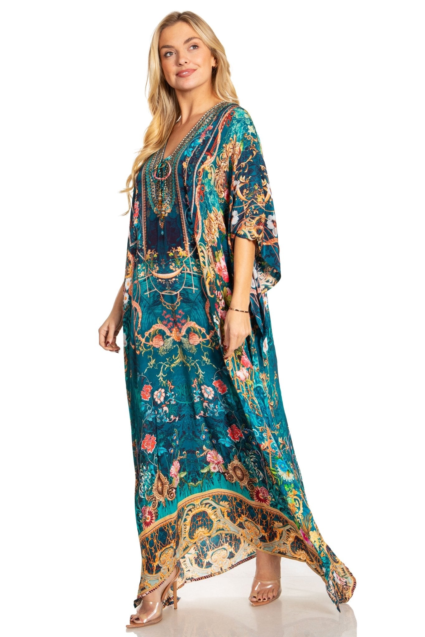 Sakkas Georgettina 2025 Flowy Rhinestone V Neck Long Caftan Dress / Cover Up dresses La Vie Bien Sakkas Georgettina 2025 Flowy Rhinestone V Neck Long Caftan Dress / Cover Up