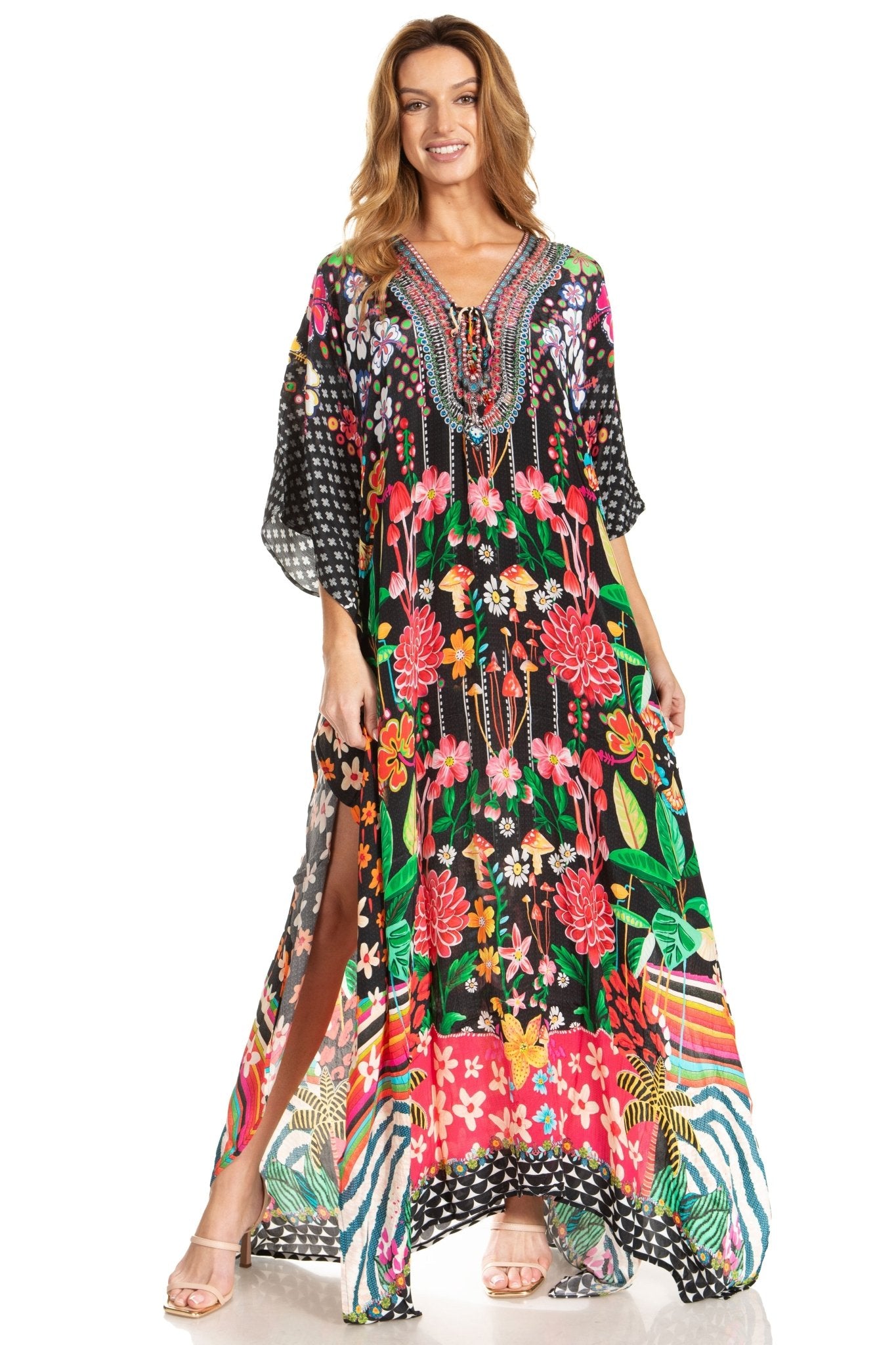 Sakkas Georgettina 2025 Flowy Rhinestone V Neck Long Caftan Dress / Cover Up dresses La Vie Bien Sakkas Georgettina 2025 Flowy Rhinestone V Neck Long Caftan Dress / Cover Up
