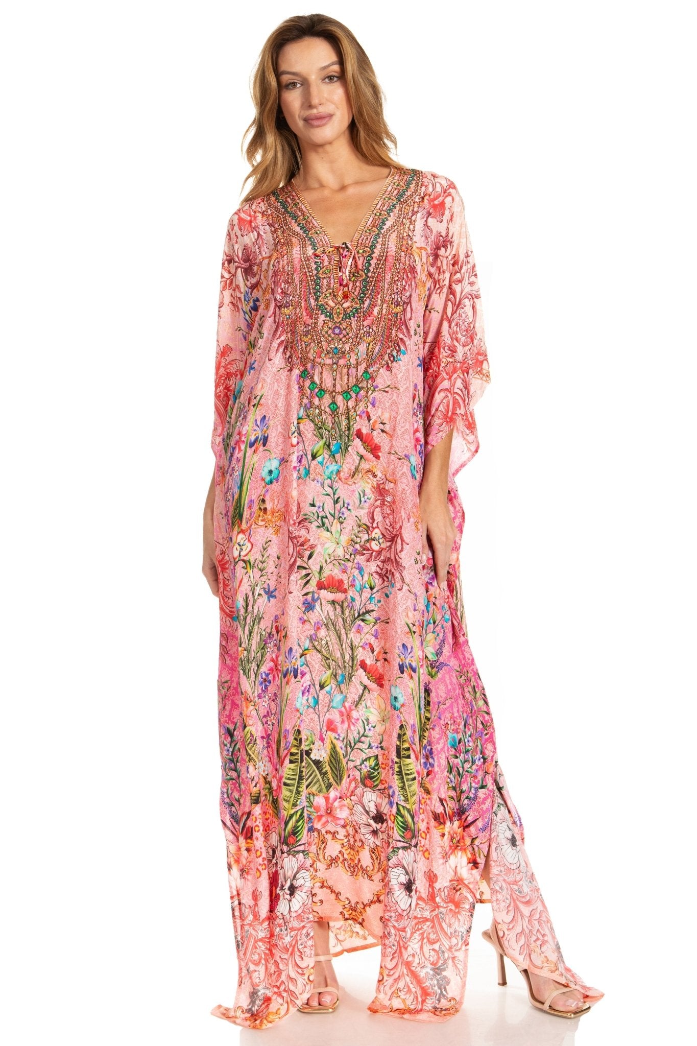 Sakkas Georgettina 2025 Flowy Rhinestone V Neck Long Caftan Dress / Cover Up dresses La Vie Bien Sakkas Georgettina 2025 Flowy Rhinestone V Neck Long Caftan Dress / Cover Up