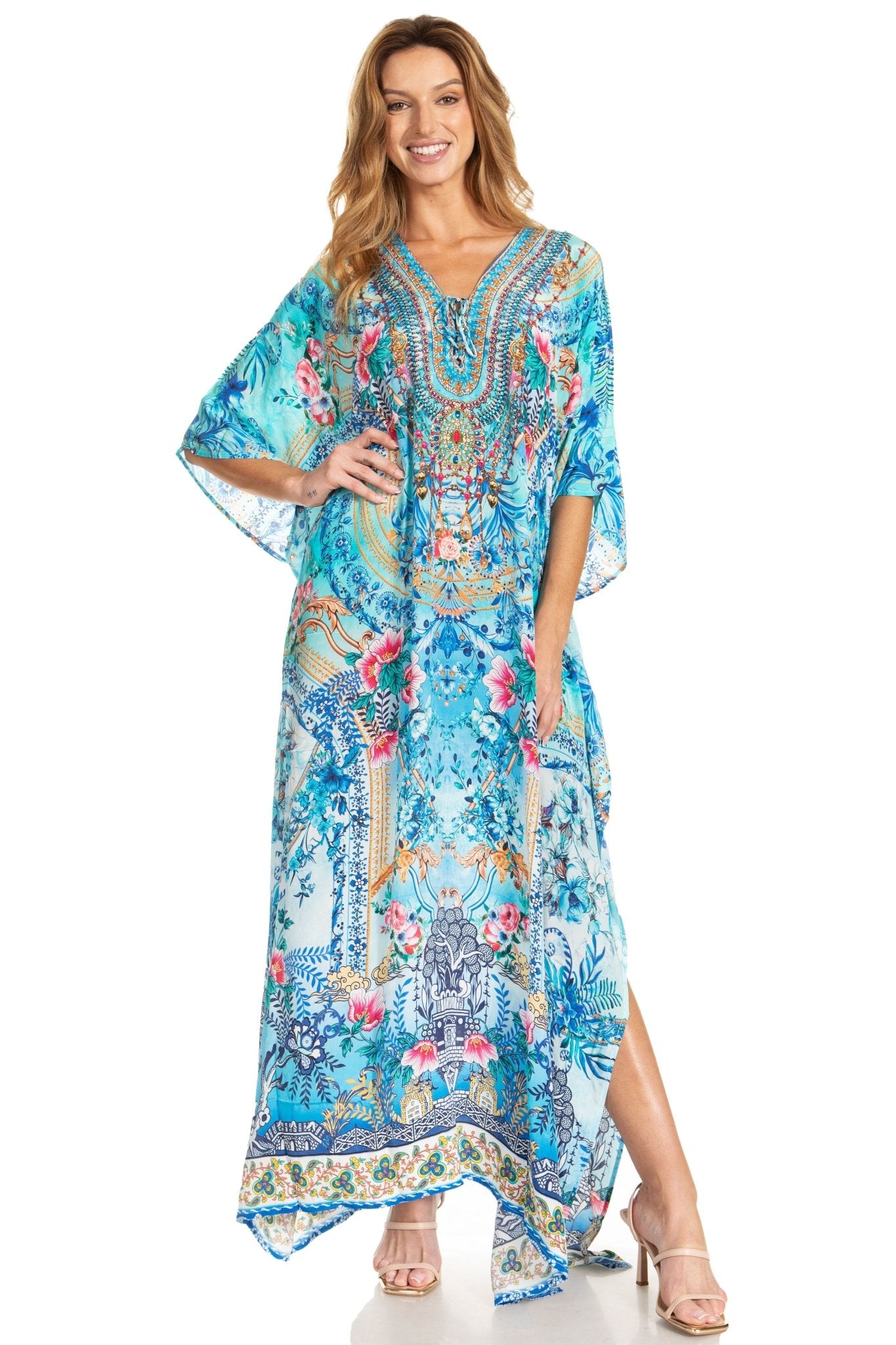 Sakkas Georgettina 2025 Flowy Rhinestone V Neck Long Caftan Dress / Cover Up dresses La Vie Bien Sakkas Georgettina 2025 Flowy Rhinestone V Neck Long Caftan Dress / Cover Up