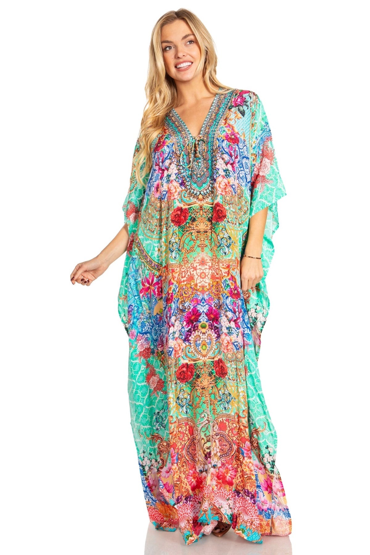 Sakkas Georgettina 2025 Flowy Rhinestone V Neck Long Caftan Dress / Cover Up dresses La Vie Bien Sakkas Georgettina 2025 Flowy Rhinestone V Neck Long Caftan Dress / Cover Up