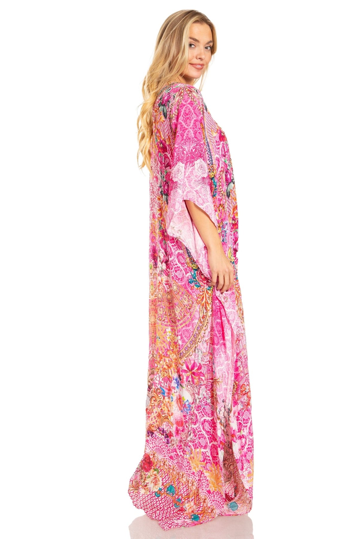 Sakkas Georgettina 2025 Flowy Rhinestone V Neck Long Caftan Dress / Cover Up dresses La Vie Bien Sakkas Georgettina 2025 Flowy Rhinestone V Neck Long Caftan Dress / Cover Up