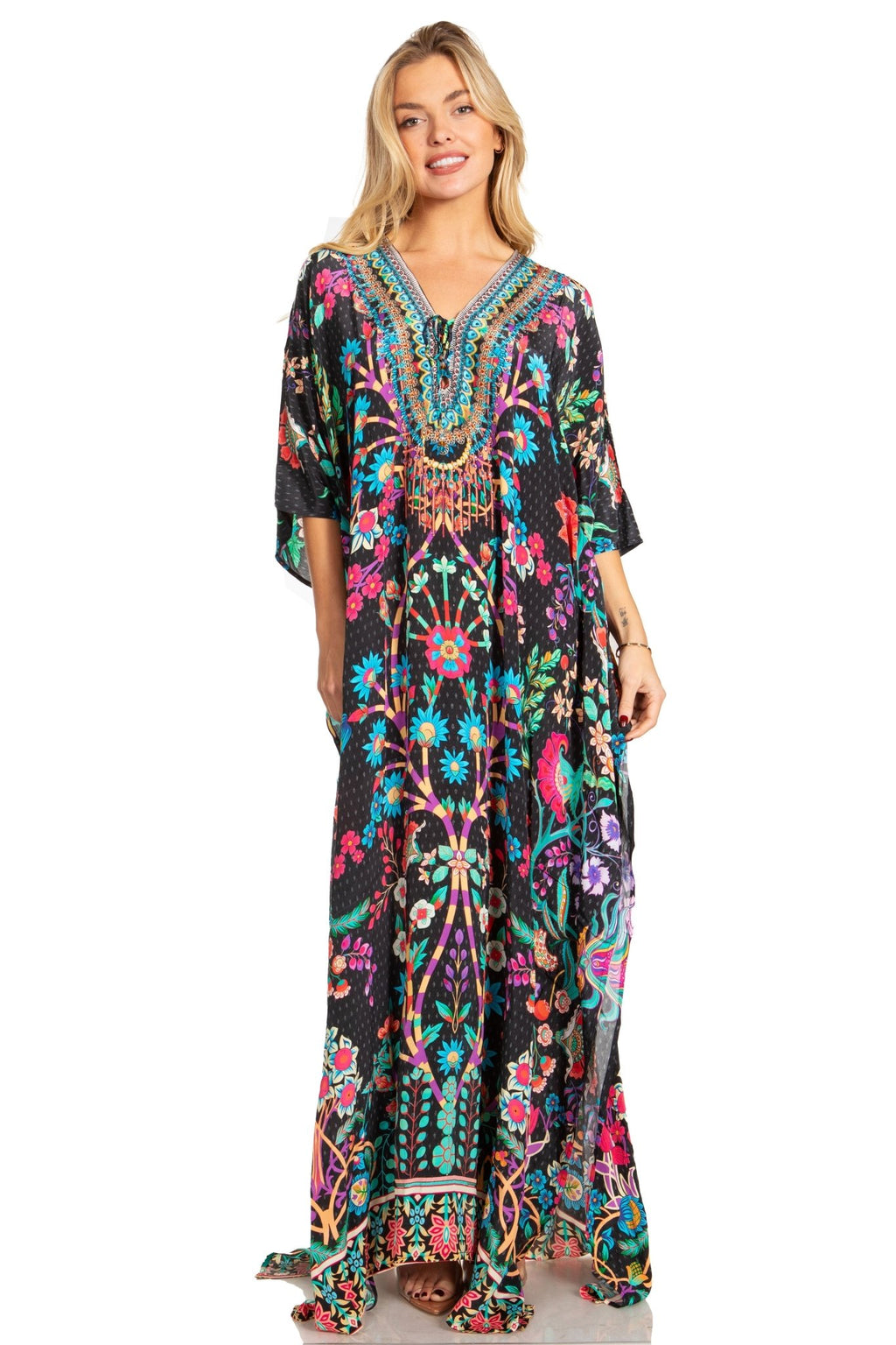 Sakkas Georgettina 2025 Flowy Rhinestone V Neck Long Caftan Dress / Cover Up dresses La Vie Bien Sakkas Georgettina 2025 Flowy Rhinestone V Neck Long Caftan Dress / Cover Up