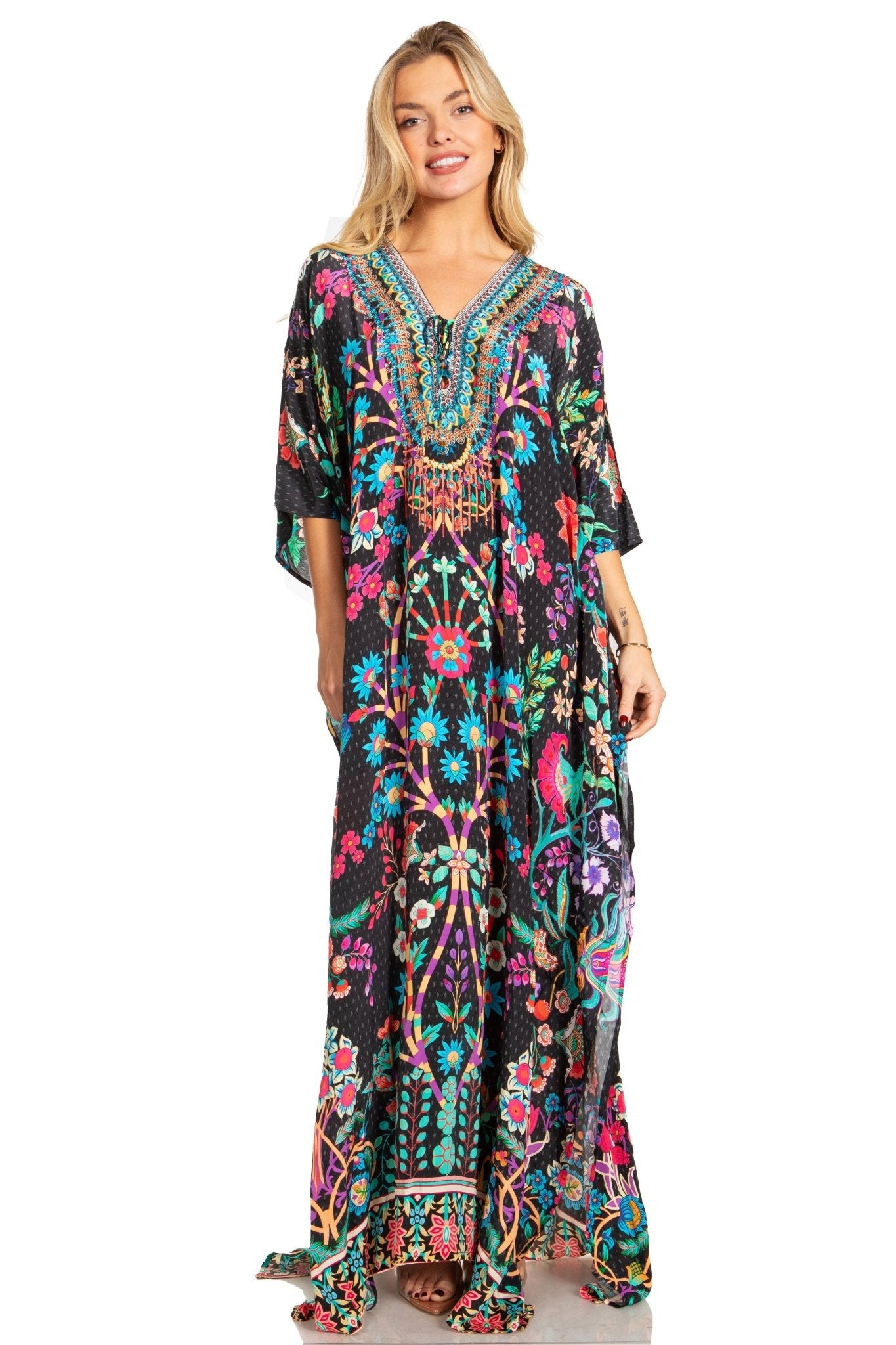 Sakkas Georgettina 2025 Flowy Rhinestone V Neck Long Caftan Dress / Cover Up dresses La Vie Bien Sakkas Georgettina 2025 Flowy Rhinestone V Neck Long Caftan Dress / Cover Up