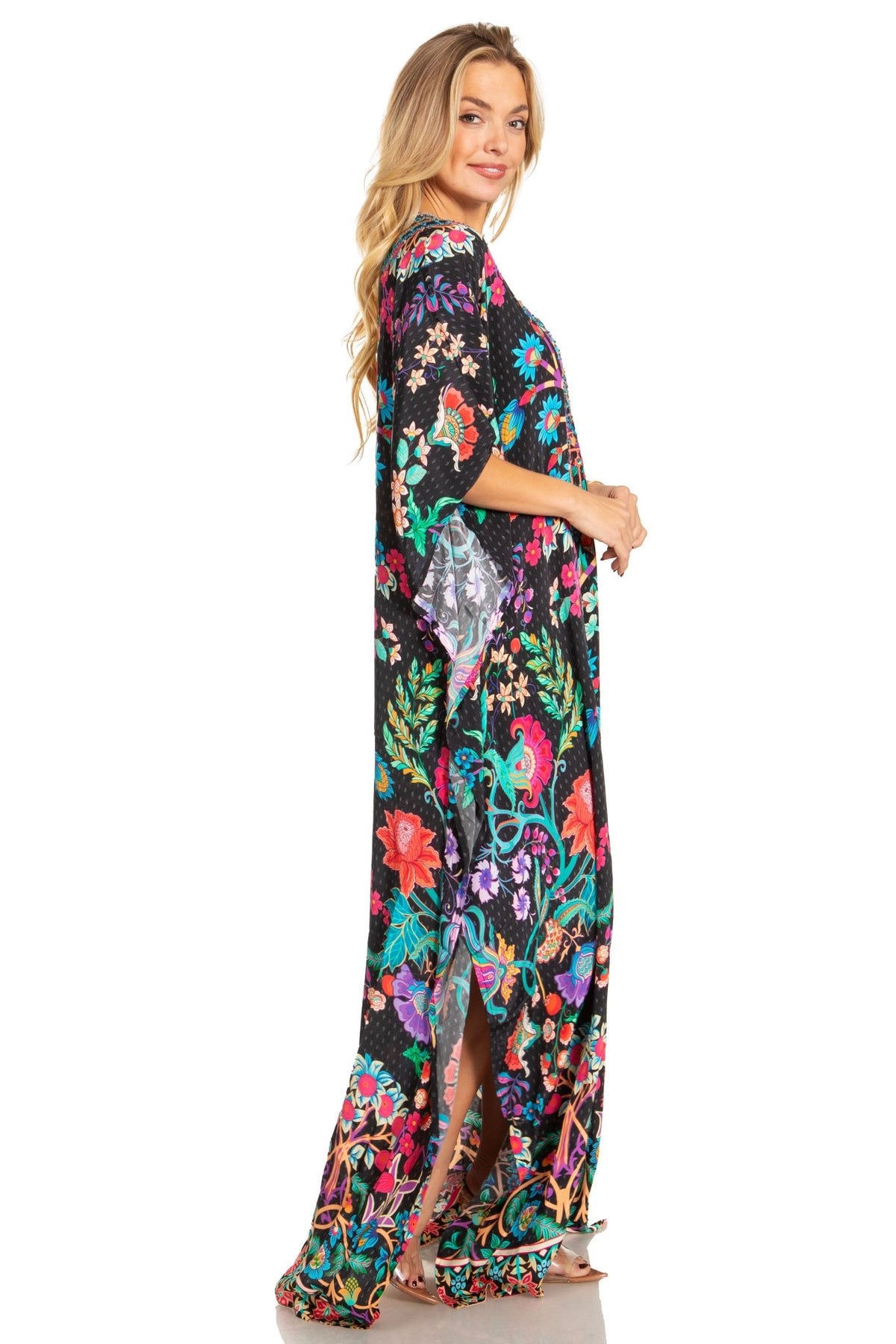 Sakkas Georgettina 2025 Flowy Rhinestone V Neck Long Caftan Dress / Cover Up dresses La Vie Bien Sakkas Georgettina 2025 Flowy Rhinestone V Neck Long Caftan Dress / Cover Up