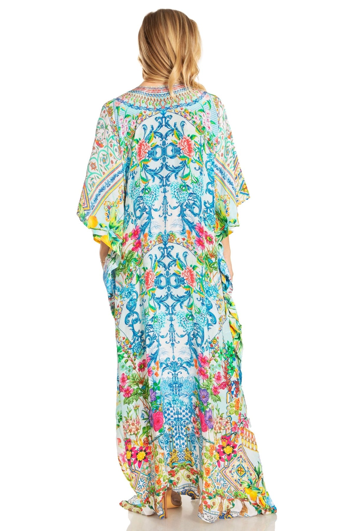 Sakkas Georgettina 2025 Flowy Rhinestone V Neck Long Caftan Dress / Cover Up dresses La Vie Bien Sakkas Georgettina 2025 Flowy Rhinestone V Neck Long Caftan Dress / Cover Up