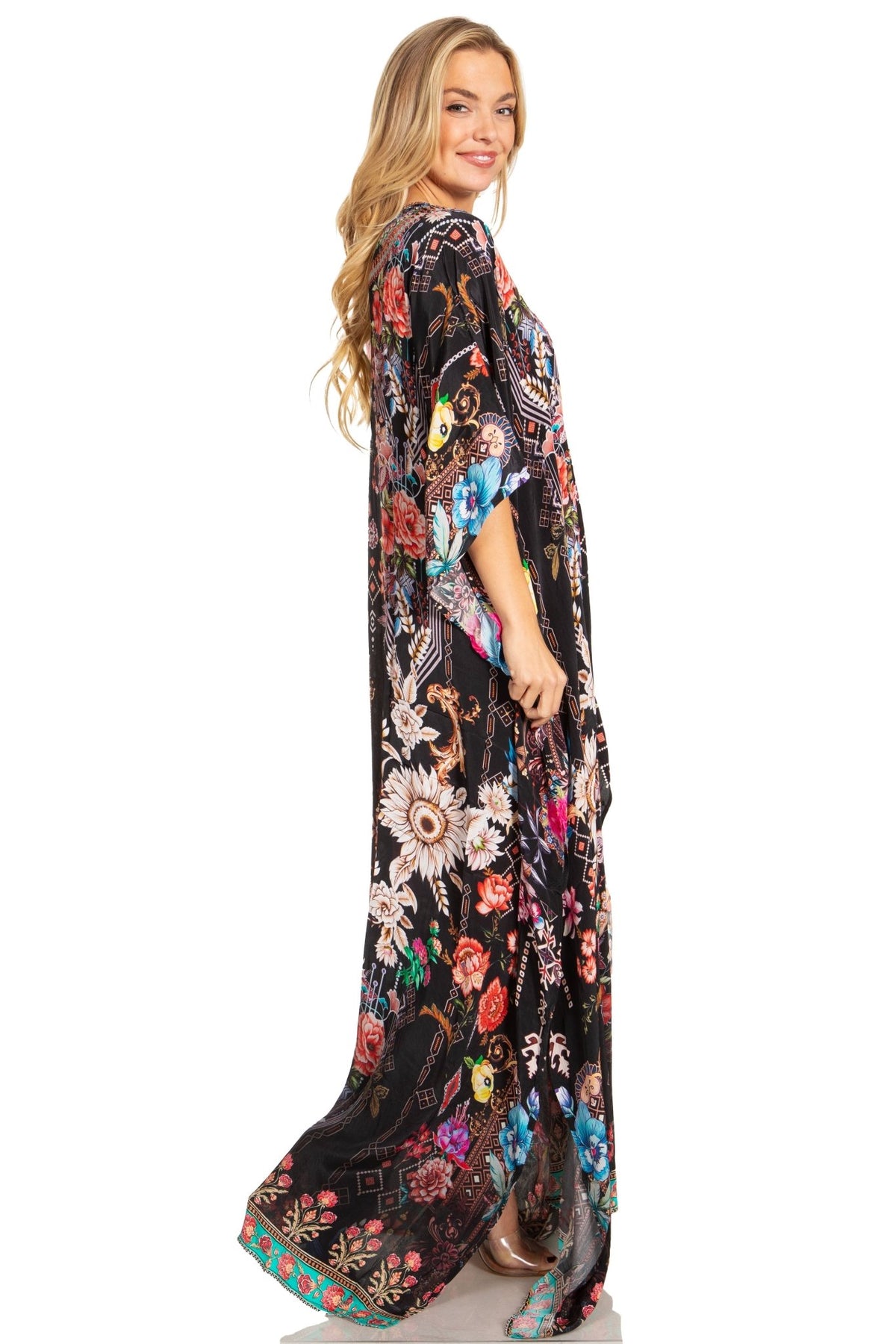 Sakkas Georgettina 2025 Flowy Rhinestone V Neck Long Caftan Dress / Cover Up dresses La Vie Bien Sakkas Georgettina 2025 Flowy Rhinestone V Neck Long Caftan Dress / Cover Up
