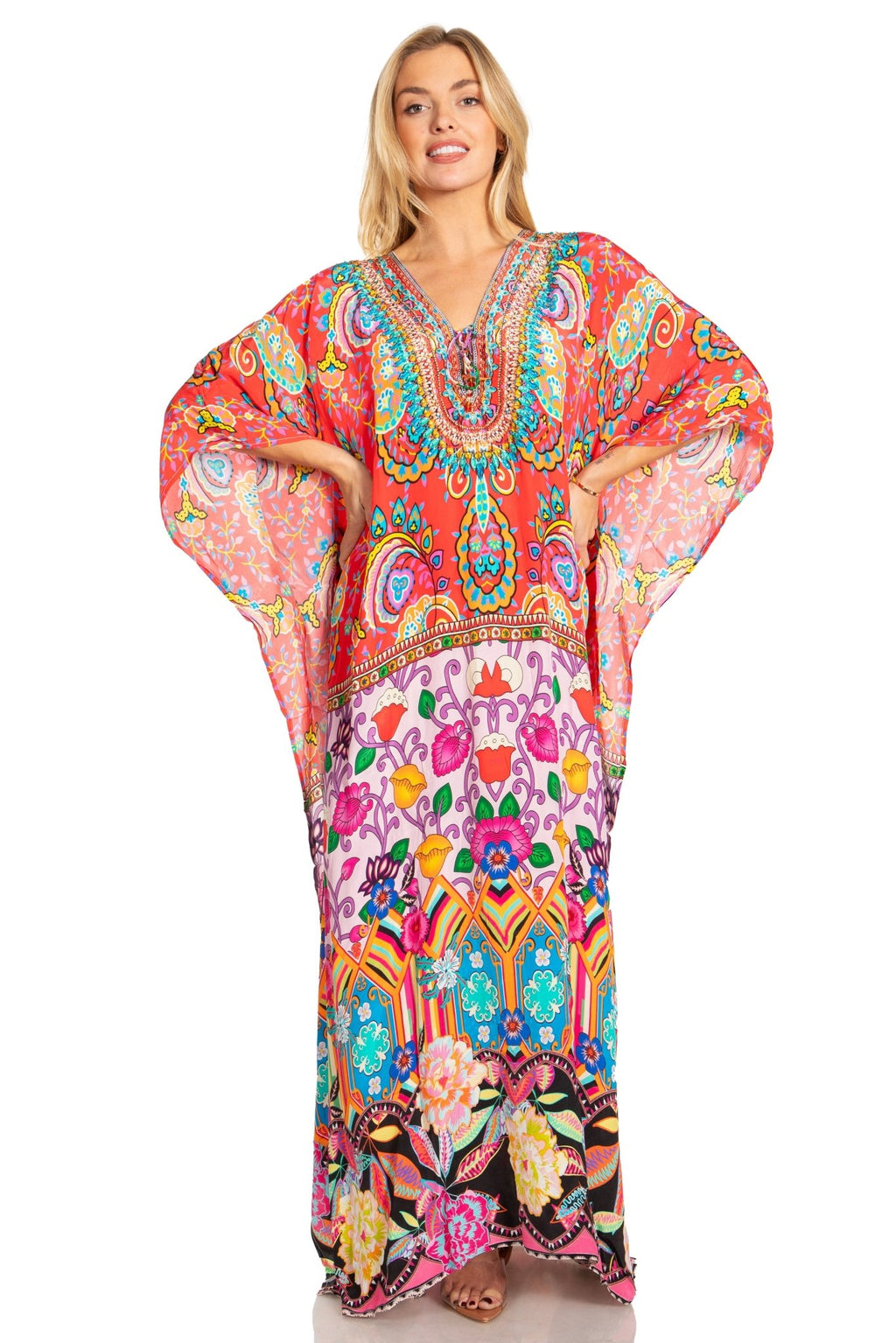 Sakkas Georgettina 2025 Flowy Rhinestone V Neck Long Caftan Dress / Cover Up dresses La Vie Bien Sakkas Georgettina 2025 Flowy Rhinestone V Neck Long Caftan Dress / Cover Up