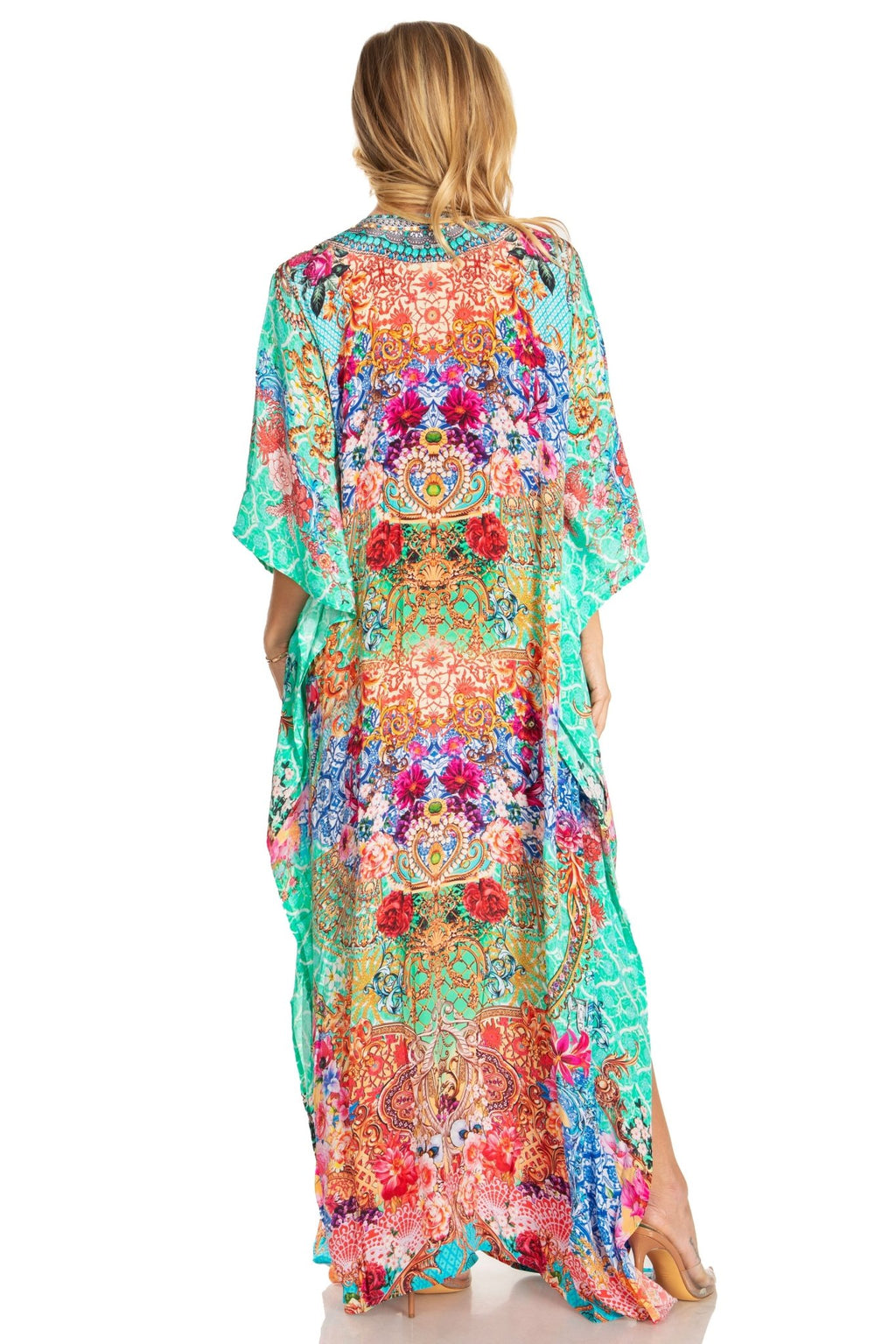 Sakkas Georgettina 2025 Flowy Rhinestone V Neck Long Caftan Dress / Cover Up dresses La Vie Bien Sakkas Georgettina 2025 Flowy Rhinestone V Neck Long Caftan Dress / Cover Up