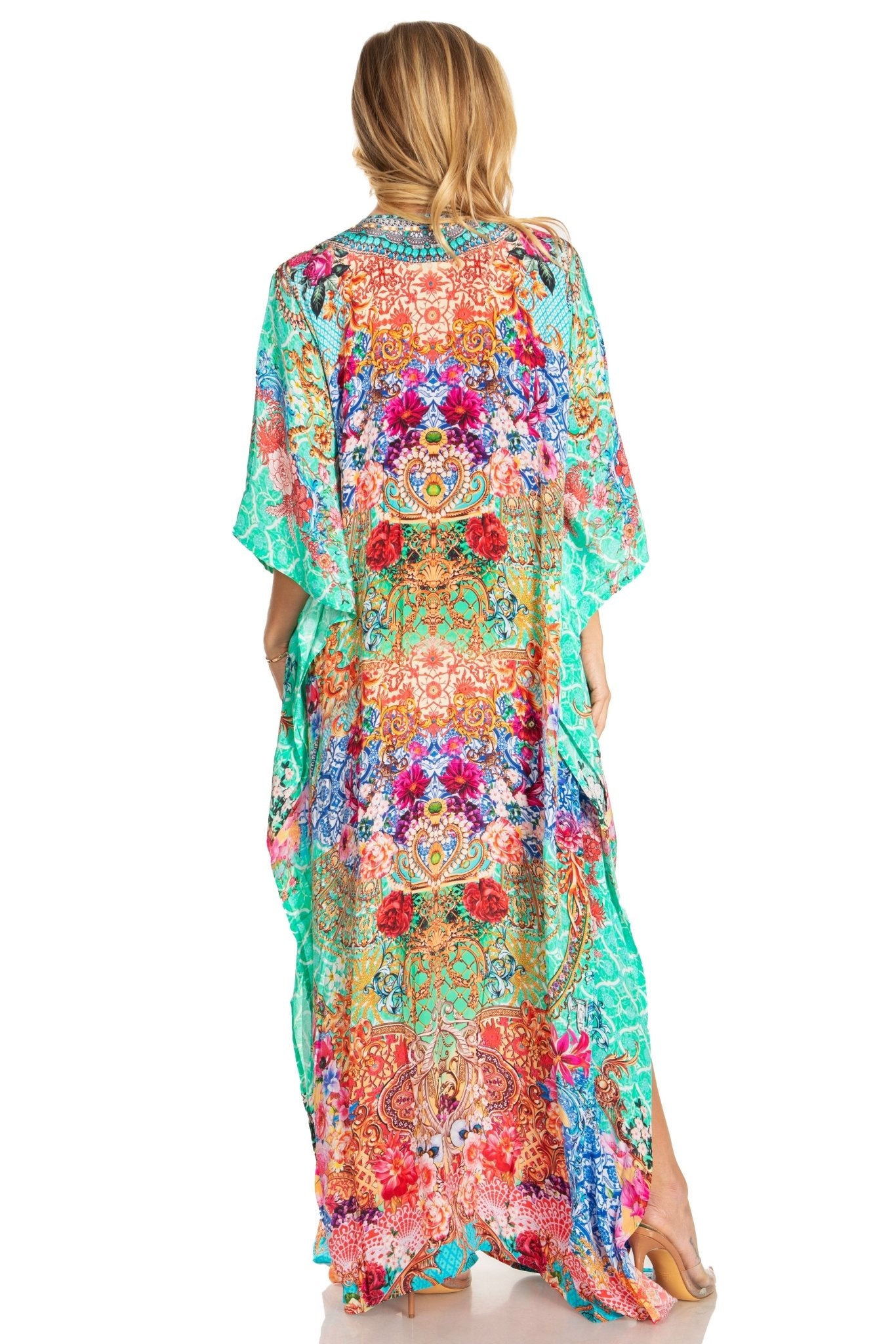 Sakkas Georgettina 2025 Flowy Rhinestone V Neck Long Caftan Dress / Cover Up dresses La Vie Bien Sakkas Georgettina 2025 Flowy Rhinestone V Neck Long Caftan Dress / Cover Up