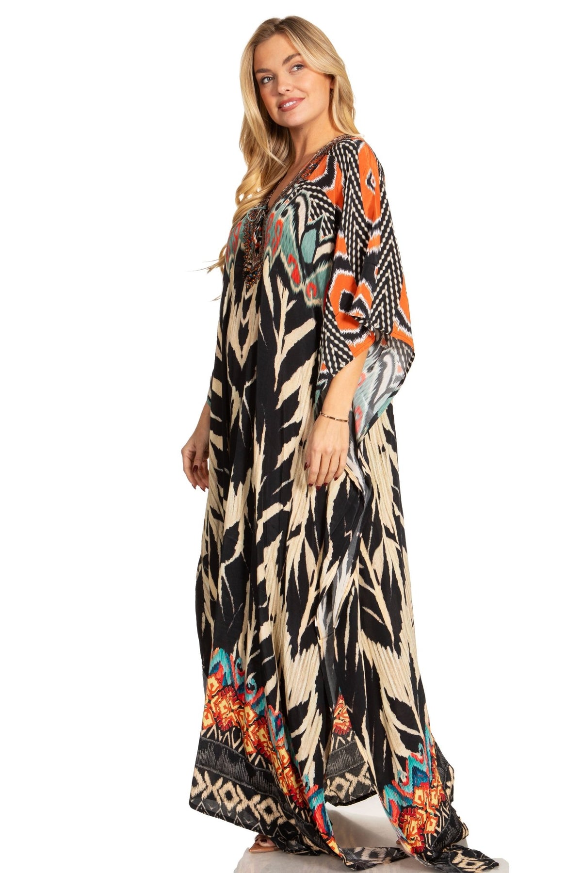 Sakkas Georgettina 2025 Flowy Rhinestone V Neck Long Caftan Dress / Cover Up dresses La Vie Bien Sakkas Georgettina 2025 Flowy Rhinestone V Neck Long Caftan Dress / Cover Up
