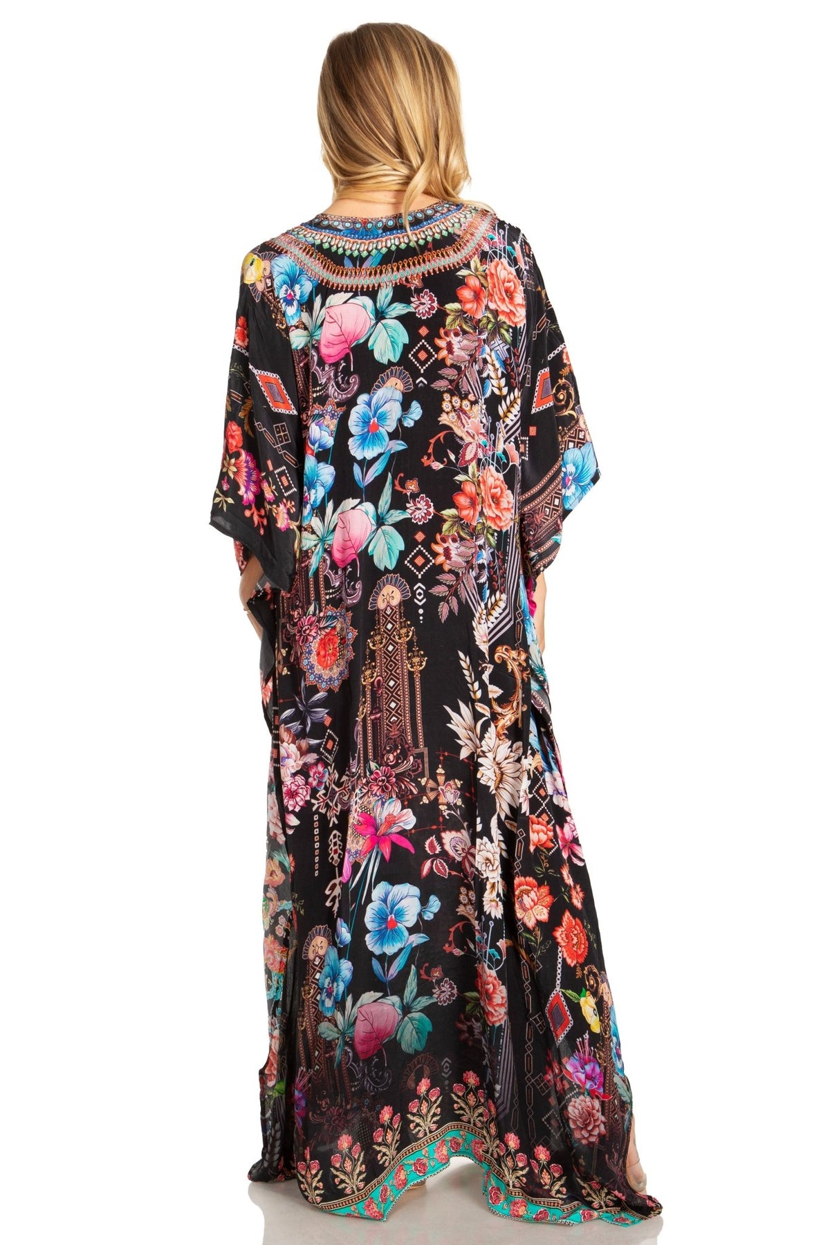 Sakkas Georgettina 2025 Flowy Rhinestone V Neck Long Caftan Dress / Cover Up dresses La Vie Bien Sakkas Georgettina 2025 Flowy Rhinestone V Neck Long Caftan Dress / Cover Up