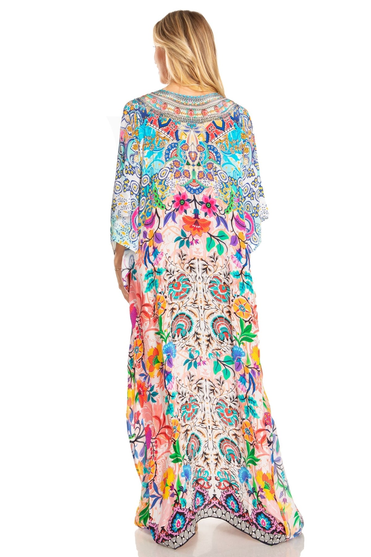 Sakkas Georgettina 2025 Flowy Rhinestone V Neck Long Caftan Dress / Cover Up dresses La Vie Bien Sakkas Georgettina 2025 Flowy Rhinestone V Neck Long Caftan Dress / Cover Up
