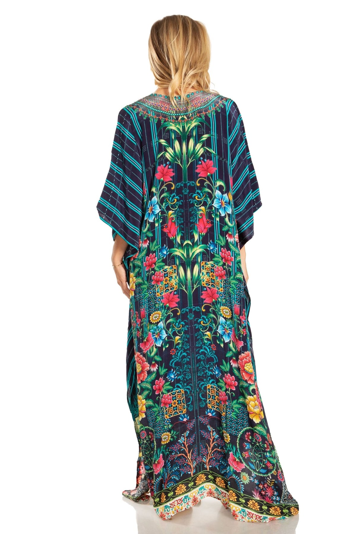Sakkas Georgettina 2025 Flowy Rhinestone V Neck Long Caftan Dress / Cover Up dresses La Vie Bien Sakkas Georgettina 2025 Flowy Rhinestone V Neck Long Caftan Dress / Cover Up